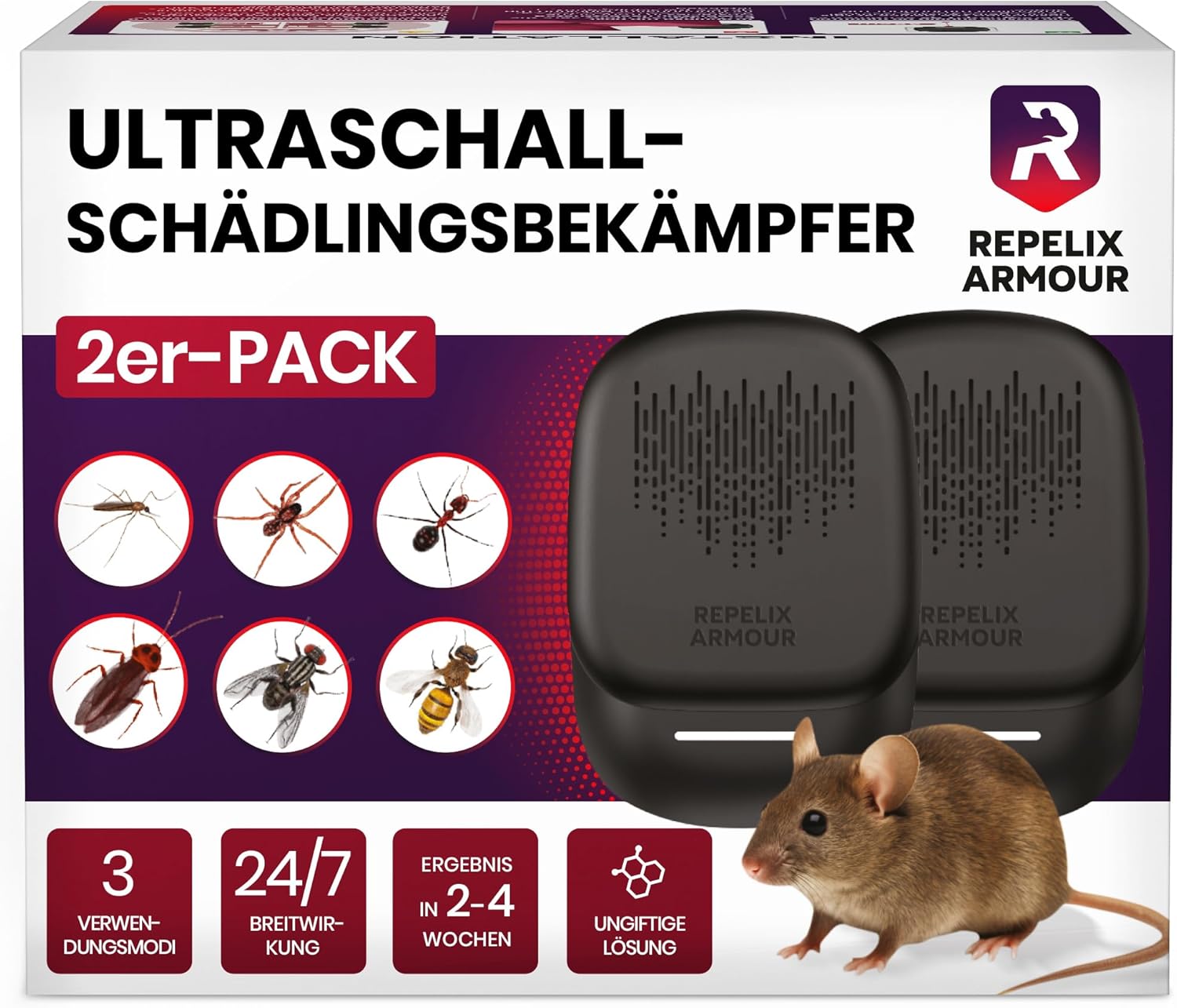 Ultraschall-Schädlingsbekämpfer für Innenräume – 2 Pack – Deckt 140m² pro Gerät ab – 3 Modi – Vertreibt Mäuse, Ratten, Spinnen, Mücken, Ameisen, Insekten & Fliegen