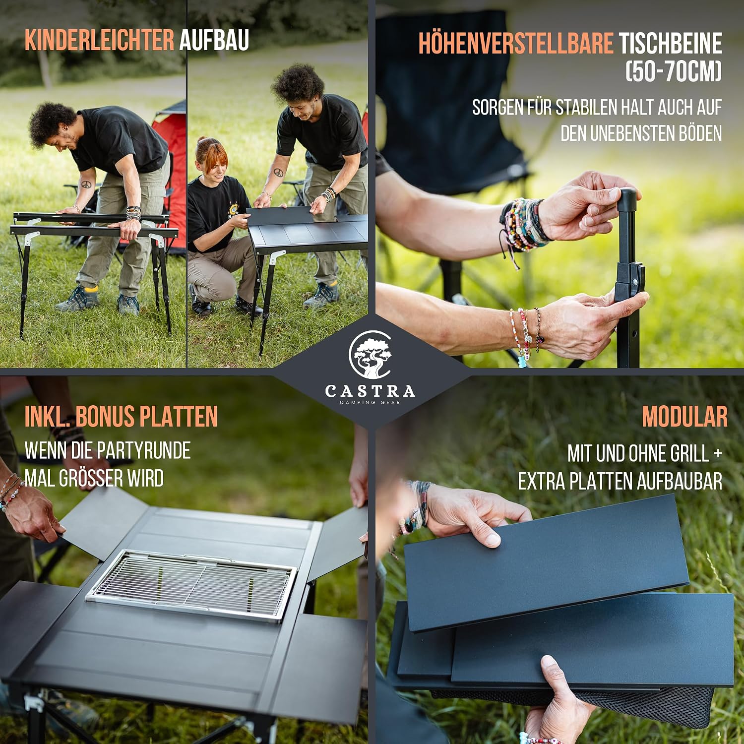 Campingtisch mit integriertem Grill – Aluminium 7075, höhenverstellbar, Outdoor wetterfest, innovatives Faltsystem, Multifunktionstisch & Camping Zubehör für Garten, Reisen & Angeln