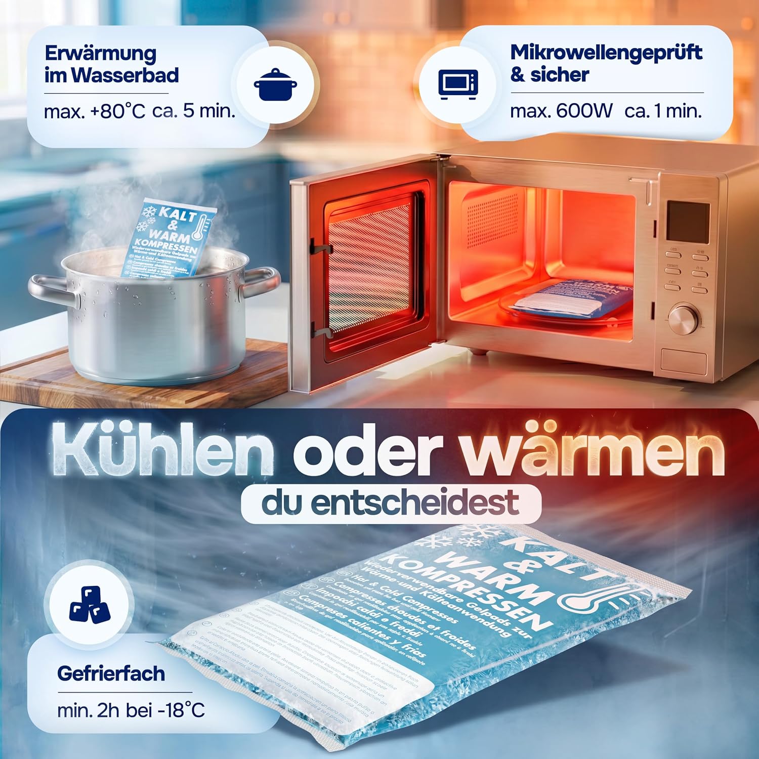 Kühlpads Kalt Warm Kompresse zertifiziert | Kühlpacks für Kinder & Erwachsene, Mit Fleecehülle, Strapazierfähig, Mehr Gelinhalt, PowerSeal Schweißnaht, Tiefgekühlt weich
