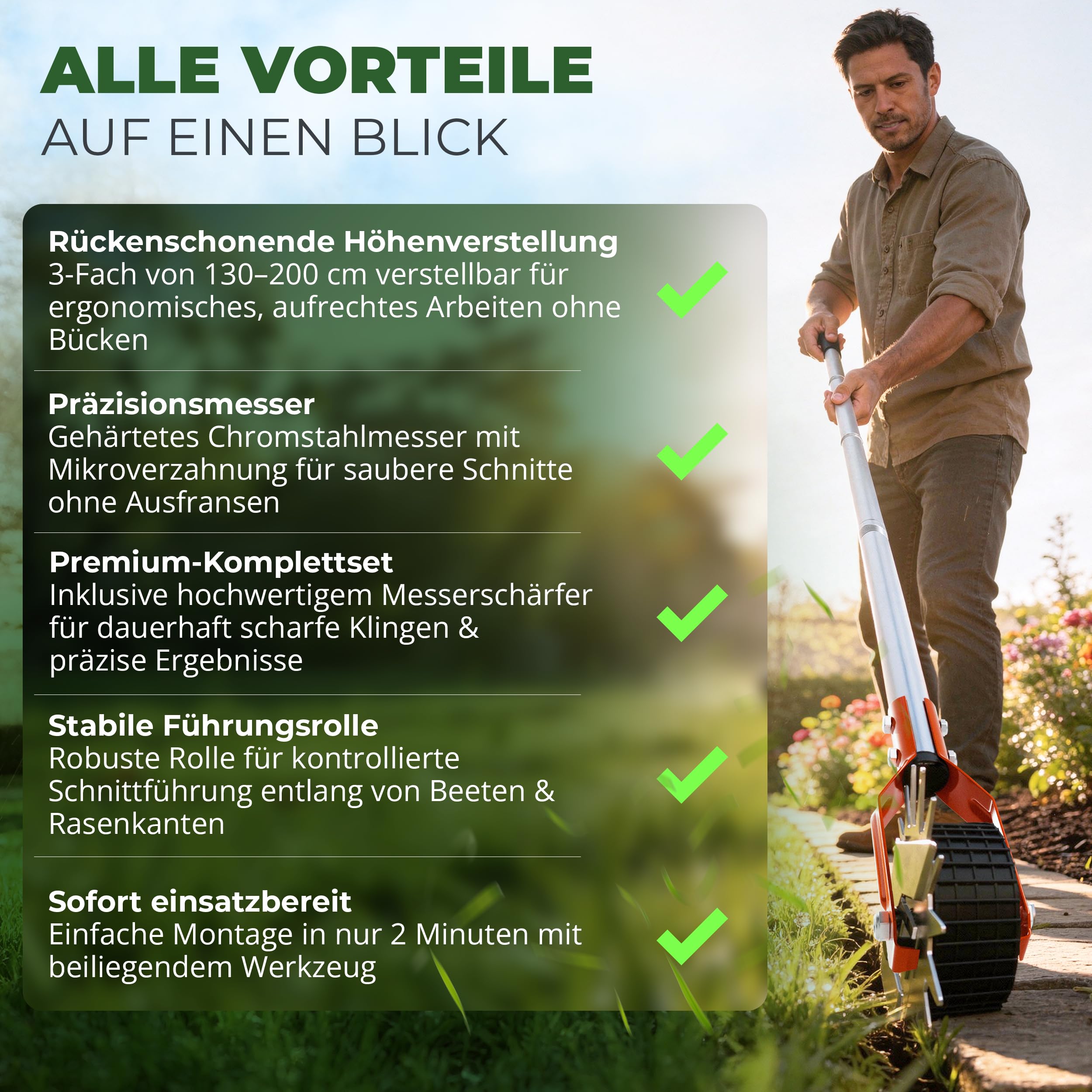 Rasenkantenschneider – 4-teilig Verstellbarer Edelstahlgriff, ideal für Jede Körpergröße, verbesserter gepolsterter Griff, gut ausbalancierte Rollen, inkl. Schleifmesser