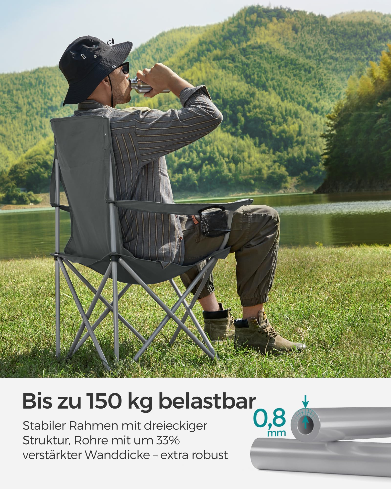 2er Set Klappstuhl Campingstuhl Bequeme Schwerlaststruktur bis 150kg belastbar mit Getränkehalter Outdoor Stuhl