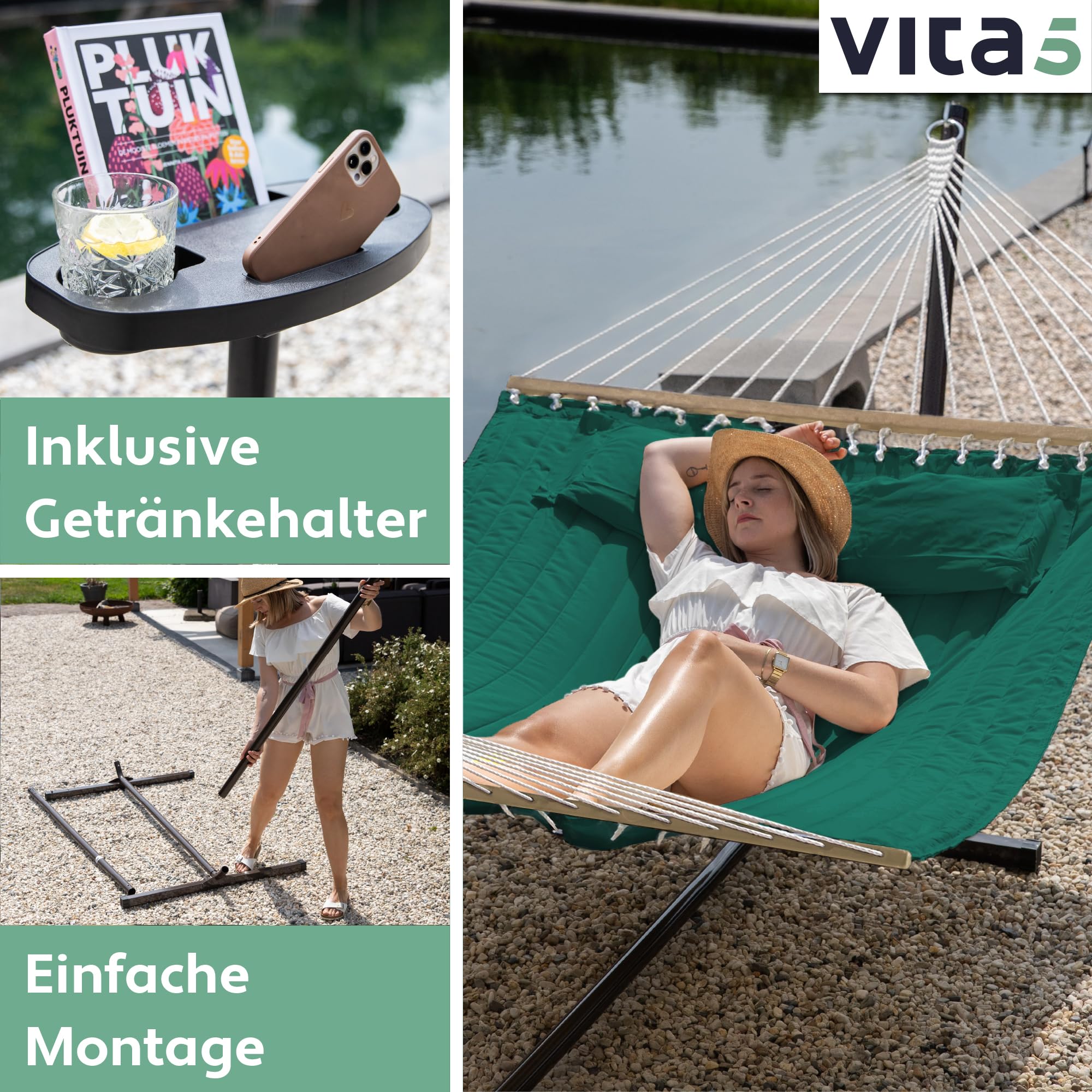 Hängematte mit Gestell und Tisch - Hängematte Outdoor für den Garten, Pool & Balkon - Großzügige Hängematten 2 Personen - Doppelhängematte mit Ständer und Beistelltisch - 200 kg Belastbarkeit