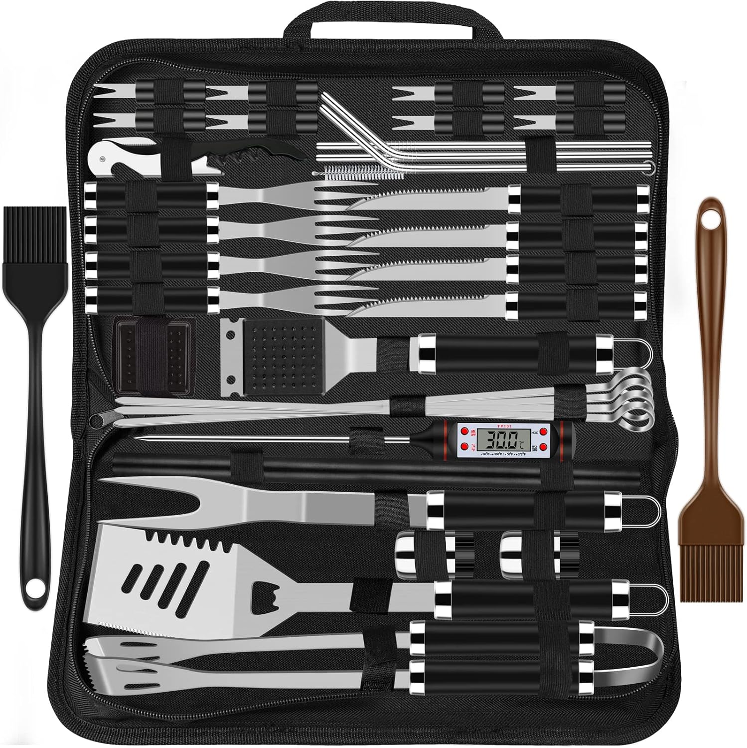 38 Stücke BBQ Grillbesteck Set Edelstahl Grillzubehör für Männer Geschenk Geburtstag Hochwertiger Grillutensilien Set Koffer mit Grillkoffer und Grillmatte für Garten und Camping Braun