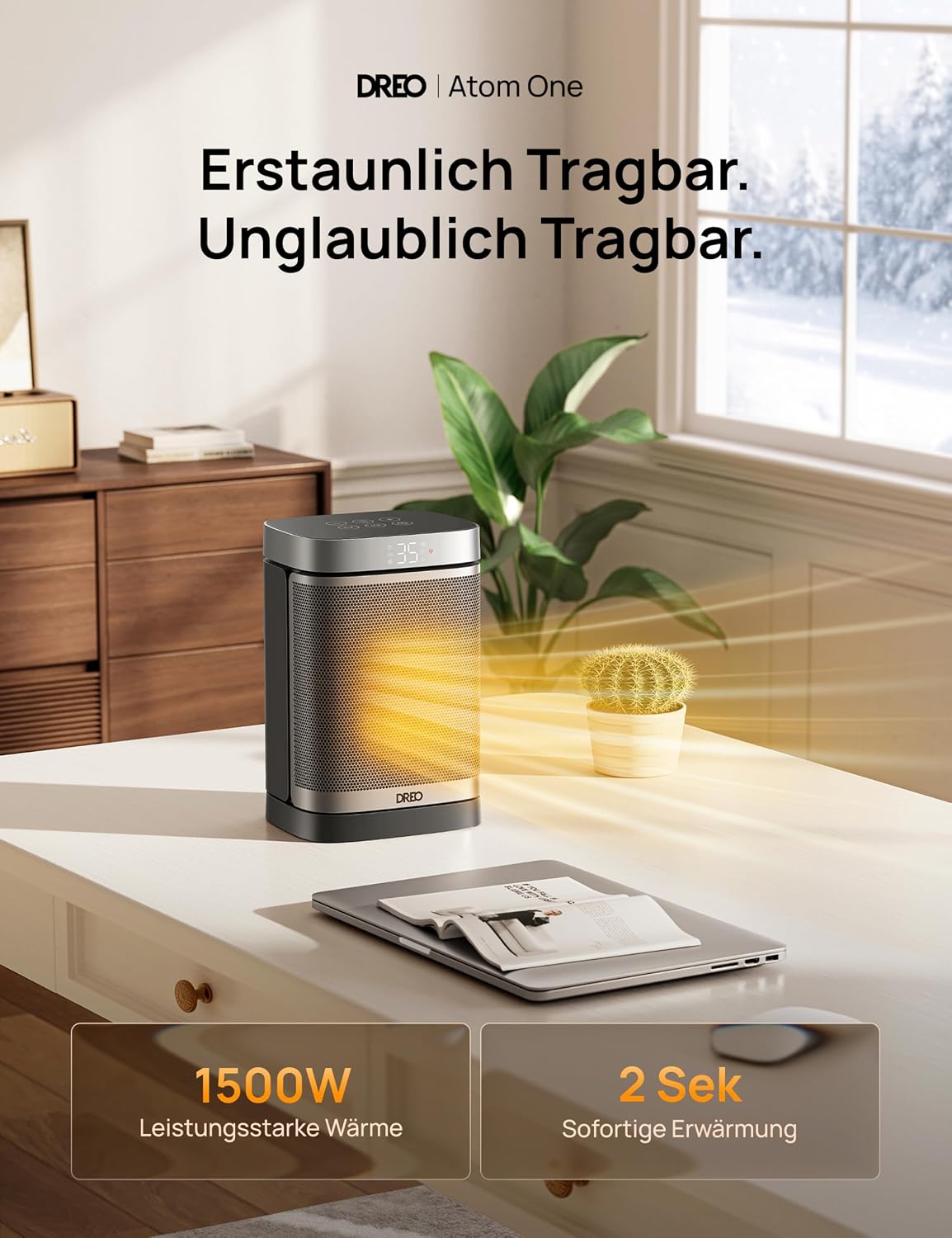 Heizlüfter Energiesparend Klein, 1500W Heizung Elektrisch mit Thermostat, 70° Oszillierend Elektroheizung, PTC Keramik Heizlüfter Leise, ECO-Modus, 12-Std-Timer, Überhitzungs- & Kippschutz