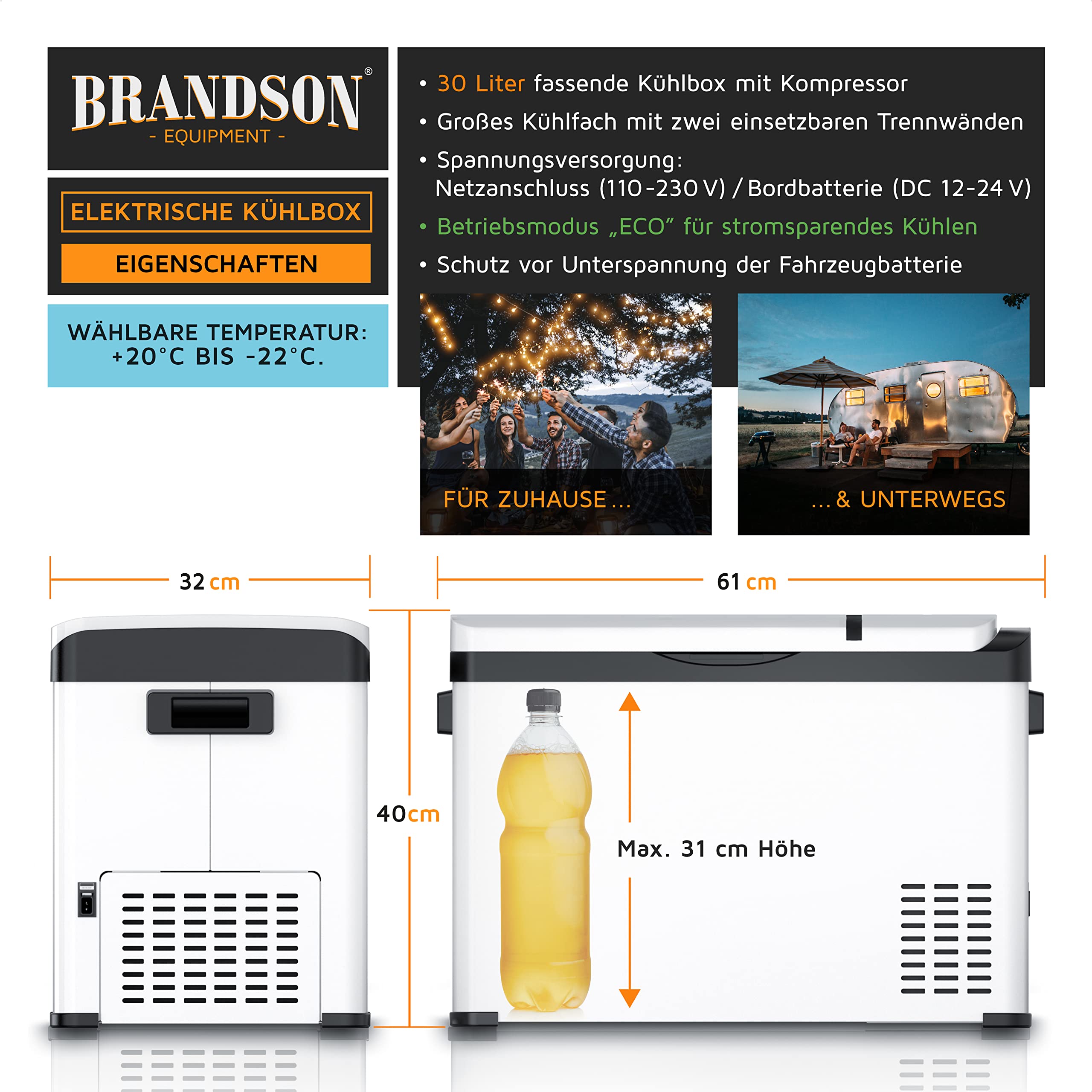 ECO Kompressor Kühlbox XXL elektrisch - 30L Getränke Kühlschrank - Gefrierbox Kühlung bis – 22°C - Autokühlbox mit ECO Modus - 30 Liter 12V 24V KFZ – für LKW Auto Camping Boot – Cool Grey
