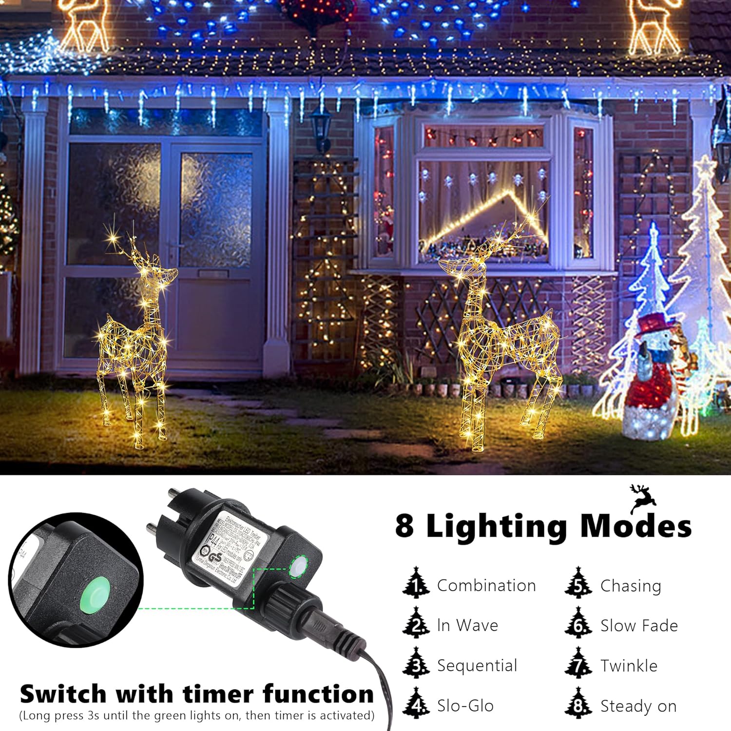LED beleuchtete Außenrentier, 85 cm Rentierfigur, Weihnachtsdekoration, strombetriebene Timer, 8 Modi, warmweiße Metall-Weihnachtsbeleuchtung für draußen/innen, Rasen, Wohnzimmer, Party