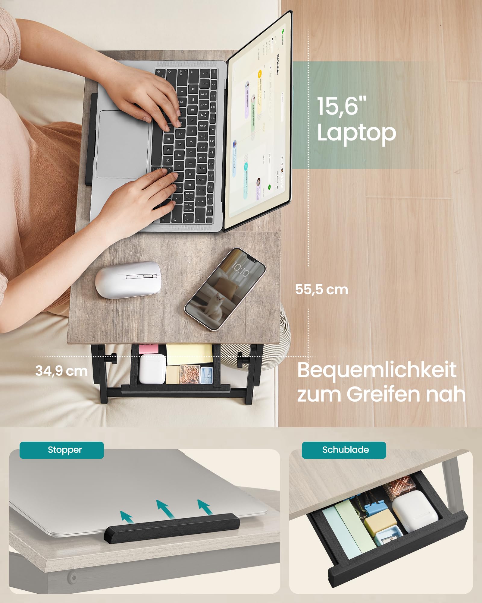 Laptoptisch für Bett, Laptopständer, Winkel- und höhenverstellbar, klappbare Beine, für Laptops bis 15,6 Zoll, Arbeiten, Lesen, Bambusbeine, Schublade, 55,5 x 34,9 cm, vintagebraun LLD105B01