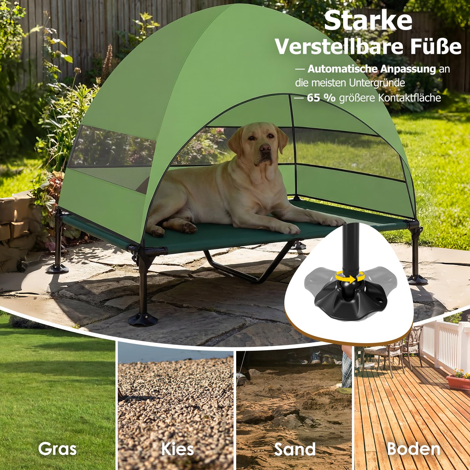 Erhöhtes Hundebett Outdoor mit UV-beständiges Dach，Hundeliege Klappbar mit Anti-Rutsch-Füßen, Hundezelt Outdoor mit Großem Schatten, Kühlendes ErhöHtes Hunde Bett für Camping, Garten & Pool (Grau, L)