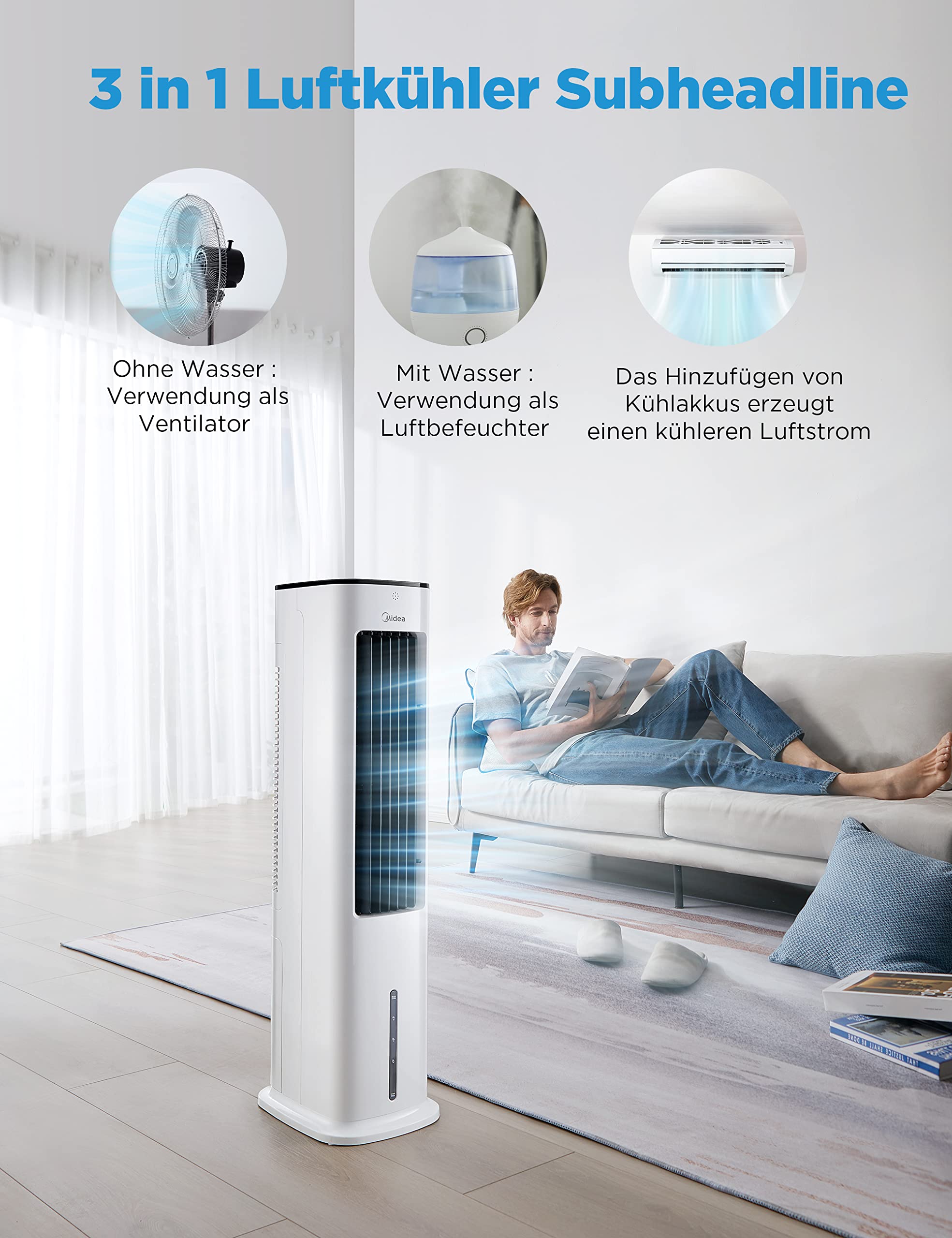 4-in-1 Mobile Klimaanlage Leiser:Luftkühler,Turmgebläse,Luftbefeuchter und Luftreiniger,mit Fernbedienung,5L Wassertank,355m³/h Luftdurchsatz,55W,LED-Display,Timer,Weiß