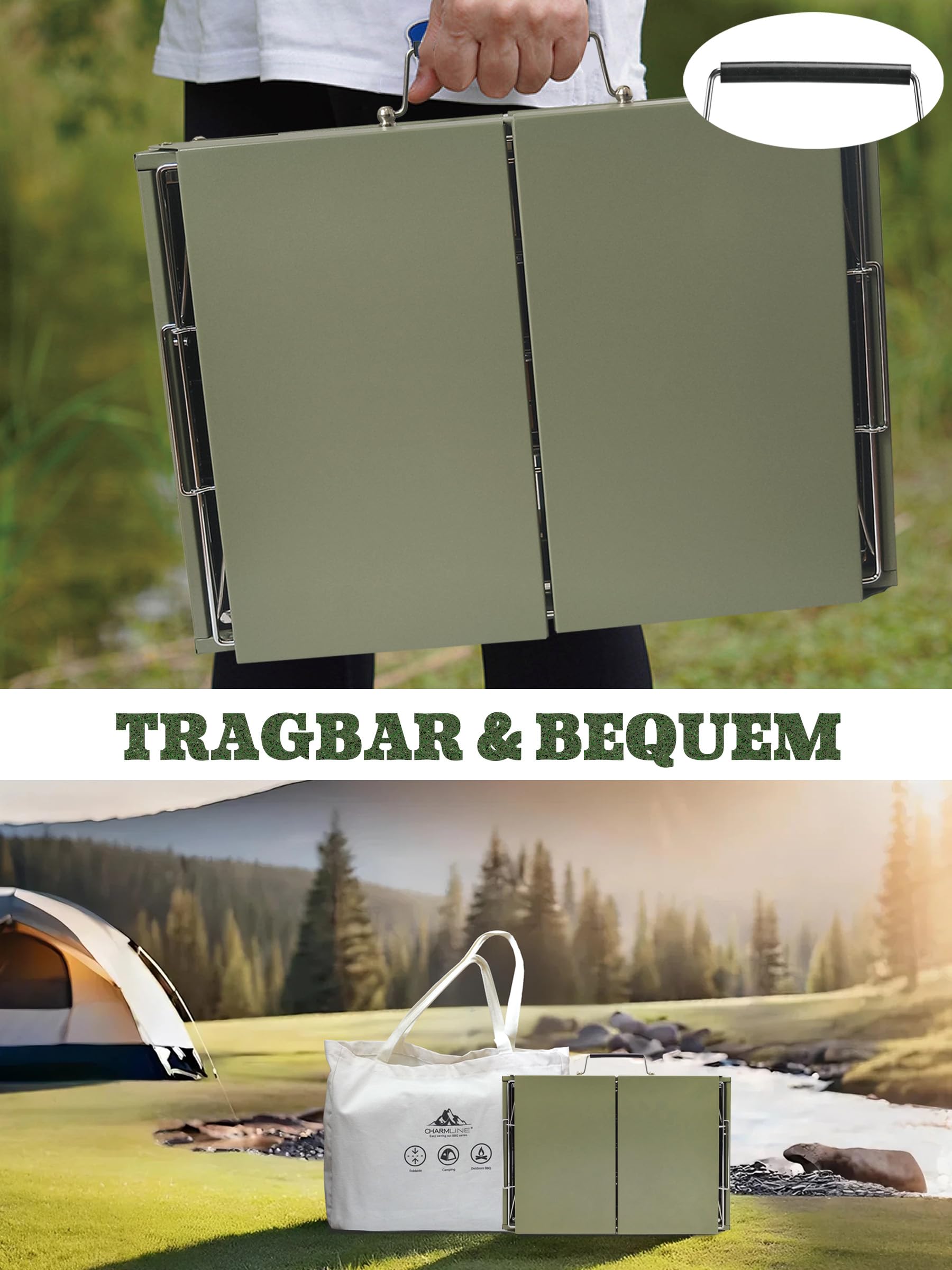 Tragbarer Holzkohlegrill, Klappbarer Campinggrill 35 x 23 cm für 1–3 Personen, Mini BBQ Grill für Balkon, Garten, Camping, Picknick und Strand