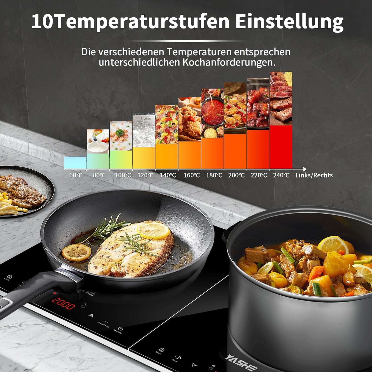 Induktionskochfeld – Einzel Induktionskochplatte, 10-Leistungseinstellung und 10-Temperaturstufen, 2000W Induktionskochfeld 1 Platte, 4-Stunden-Timer, Sicherheitsschloss, Mobil