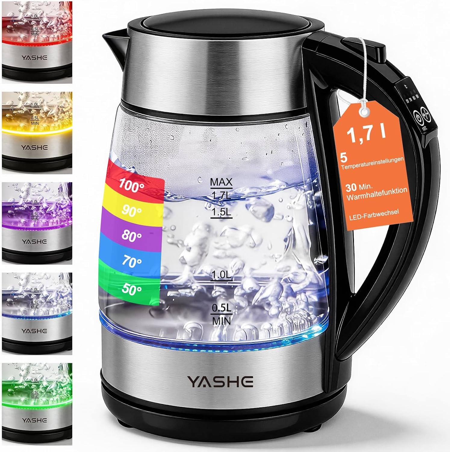 Wasserkocher mit Temperatureinstellung 1,7L 2200W Glas | 5 Temperaturstufen, 5 Farben LED, 30 Min Warmhaltefunktion, Kabellos, Kalkfilter, Abschaltautomatik