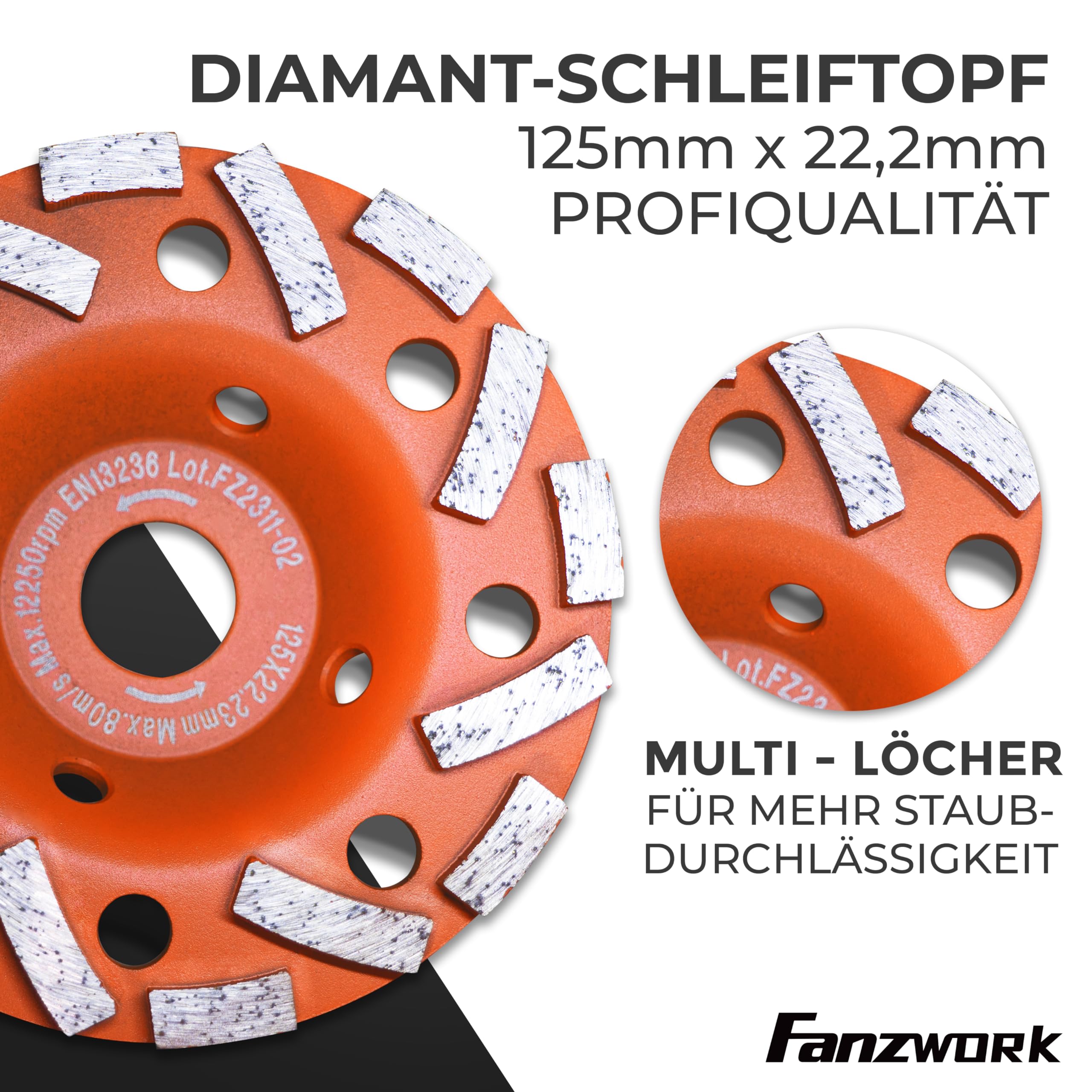 Absaugaufsatz Absaughaube für Winkelschleifer inkl. 125 mm Diamantschleiftopf PROFI QUALITÄT – Bürsten auswechselbar – 99% universal passend – verstärkter Adapterring – M14 Adapter