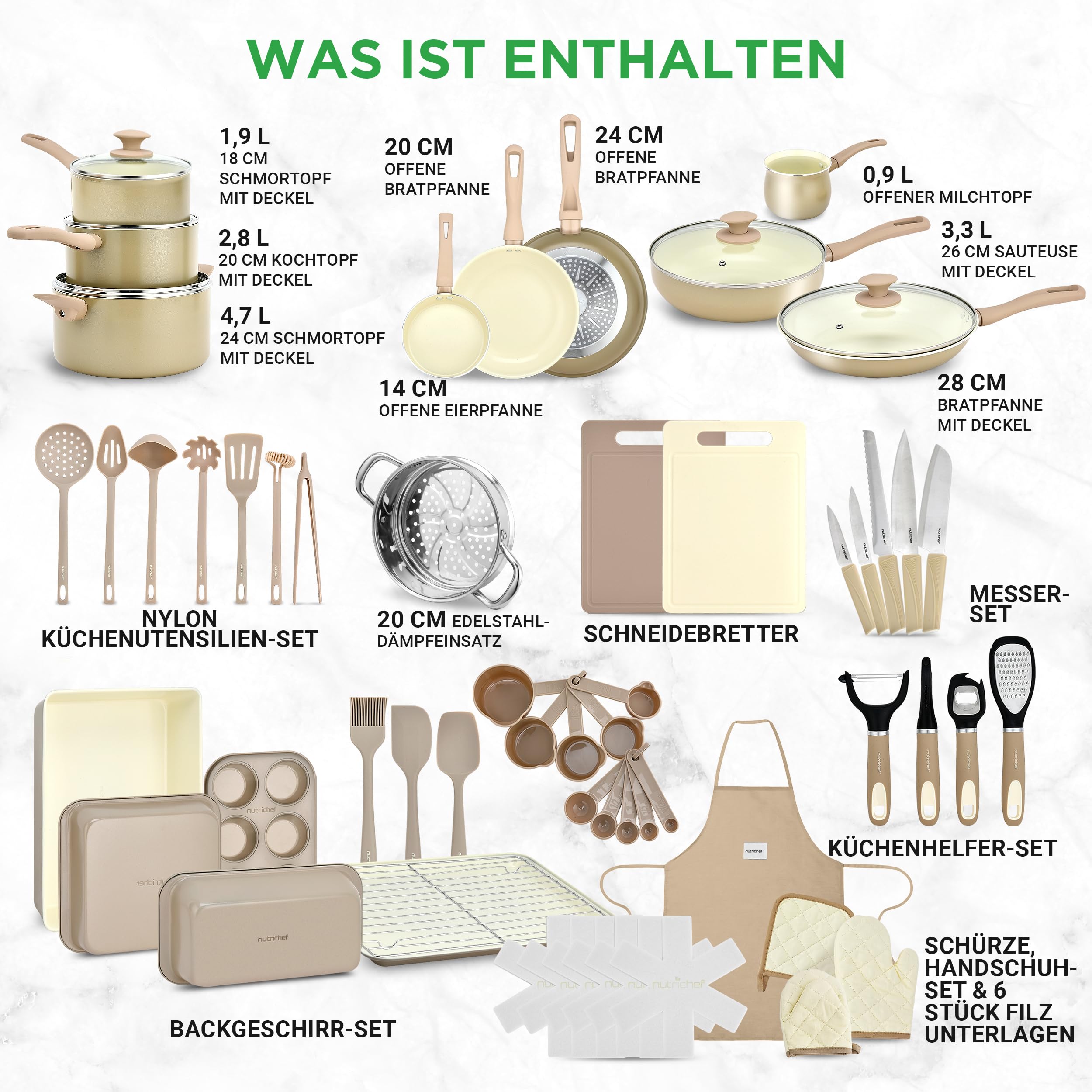 Topfset & Pfannenset - 54-teiliges Non-Stick-Kochgeschirr - Enthält Küchenutensilien, Backschale, Messer / Für Induktion, Gas & Elektrisch / Gesundes & Fettfreies Kochen