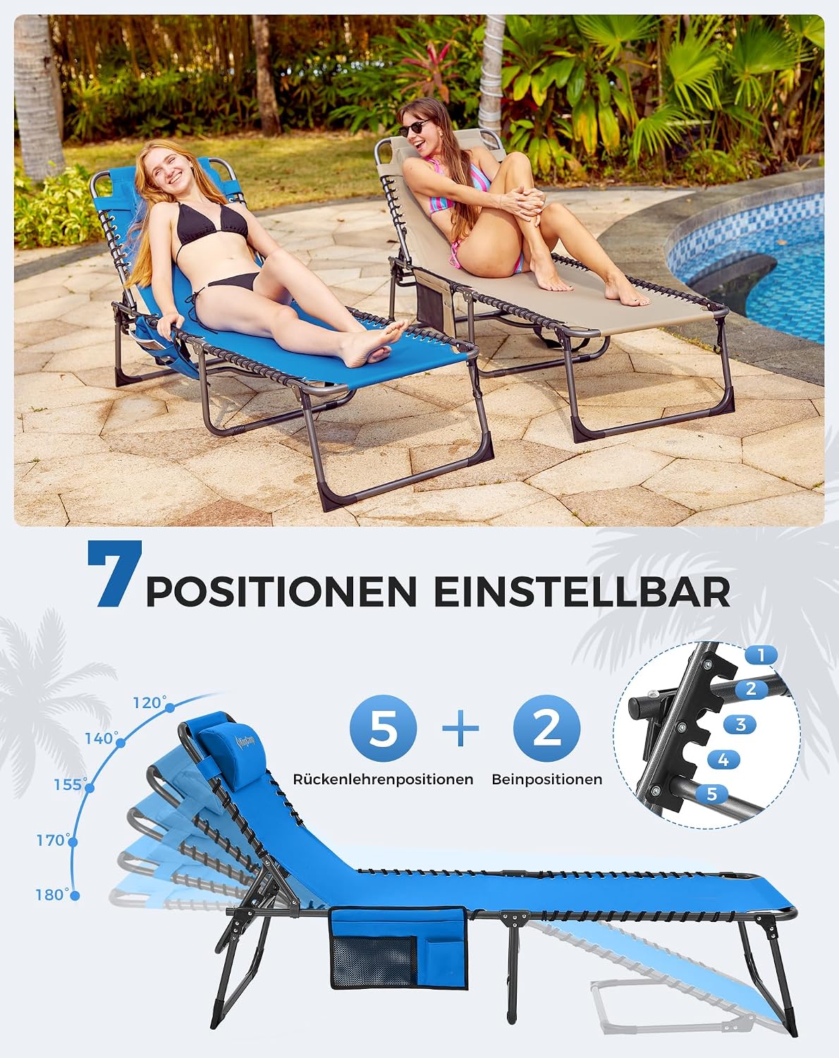 Sonnenliege Klappbar 5-Verstellbare, bis 180 kg, 2er Set, Blau | Gartenliege Klappbar, mit Kopfstütze & Seitentasche, Sonnenliege Wetterfest, Strandliege für Garten Terrasse Pool Camping