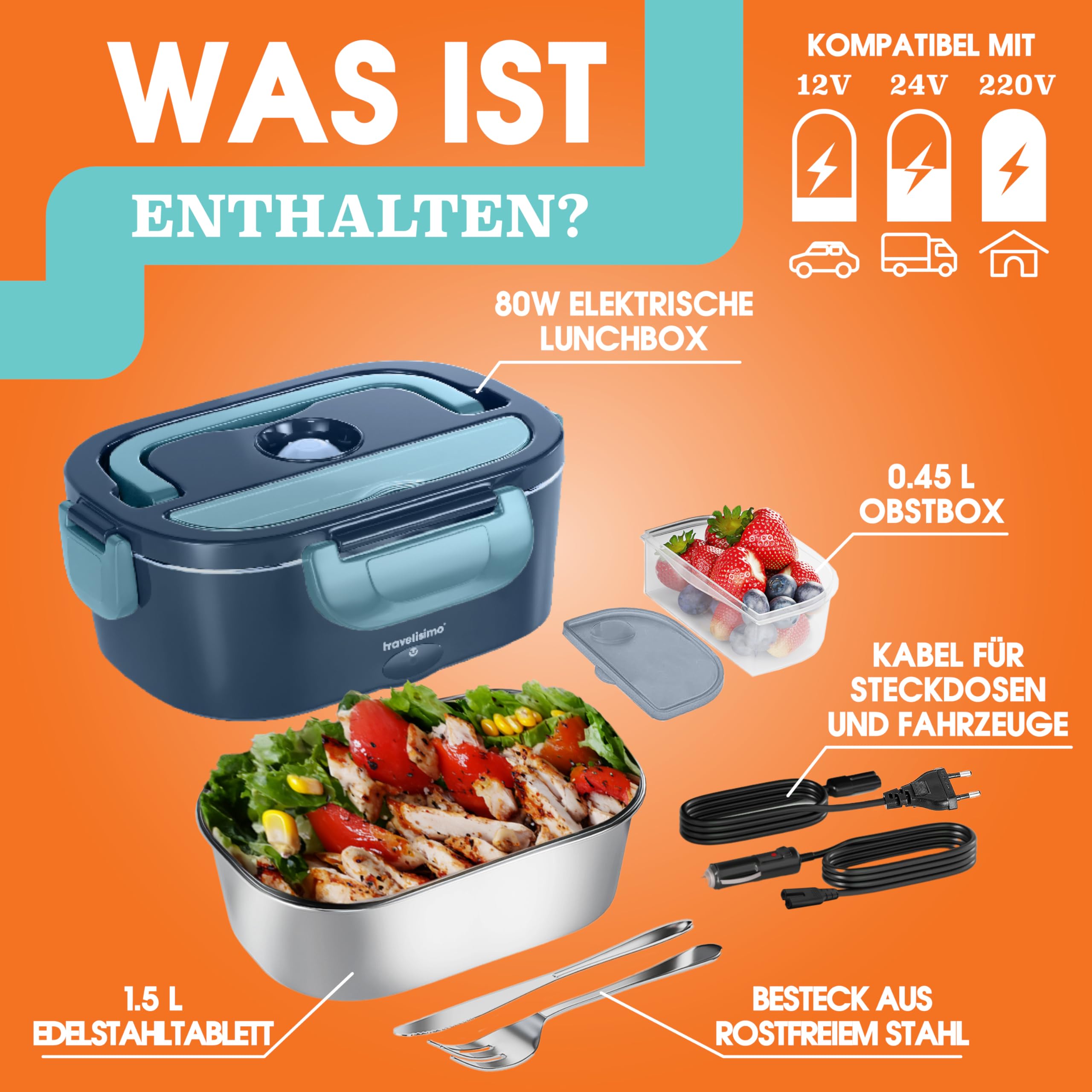 Elektrische Lunchbox 80W Selbsterhitzende Dosen, 1,5L Heat Box 3-in-1 Electric Lunch Box, Essen Aufwärmen Unterwegs 12V/24V/220V, für Arbeit Auto Lkw Lunchbox Elektrisch, Thermal Lunch Box