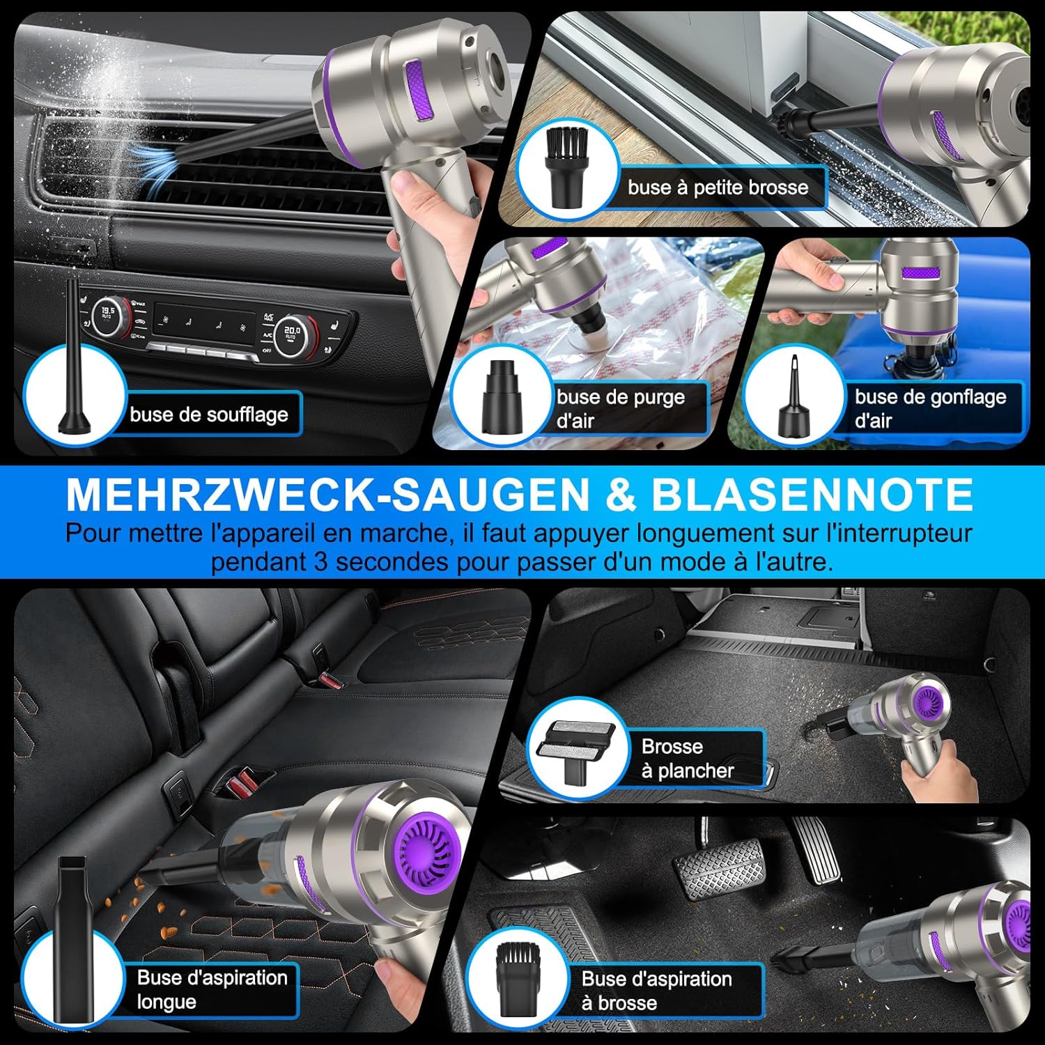 Handstaubsauger, 4-in-1 Handstaubsauger Akku kabellos, 18000Pa Autostaubsauger stark mit bürstenlosem Motor, 3-Gang Mini Staubsauger für Büro, Zuhause, Küche, Haustierhaar