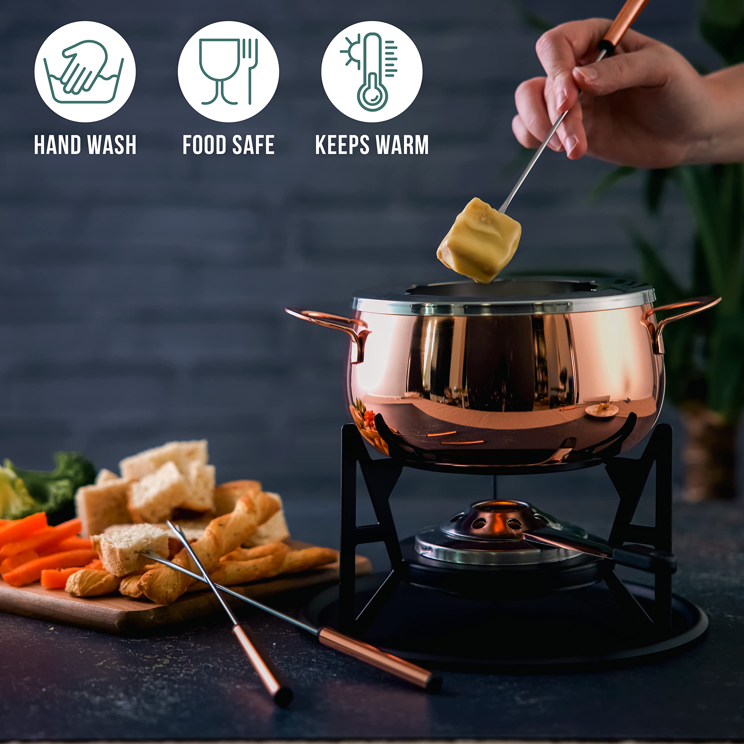 10-teilige Premium-Fondue aus Edelstahl für 6 Personen - Elegantes Silber - Schokolade, Käse, Fleisch - Robust & Chic - Geschenkset für Valentinstag/Geburtstag/Jubiläum