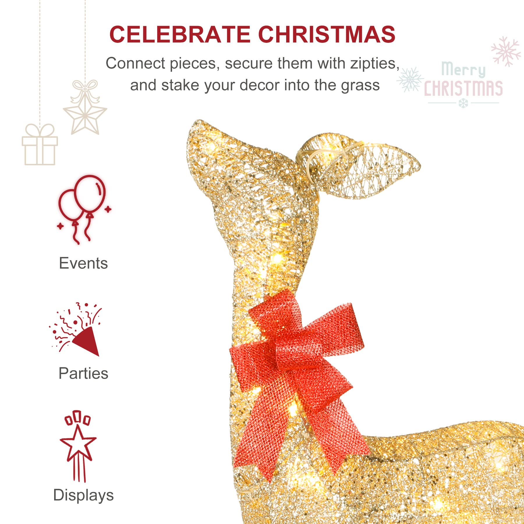 Beleuchtete Weihnachtsdekoration Deer 3 Stücke, Beleuchtete Weihnachtsdekoration Reindeer Familienset für Indoor Outdoor Vorderveranda mit LED, Stecker, Verlängerungskabel, Bodenpfähle, Gold