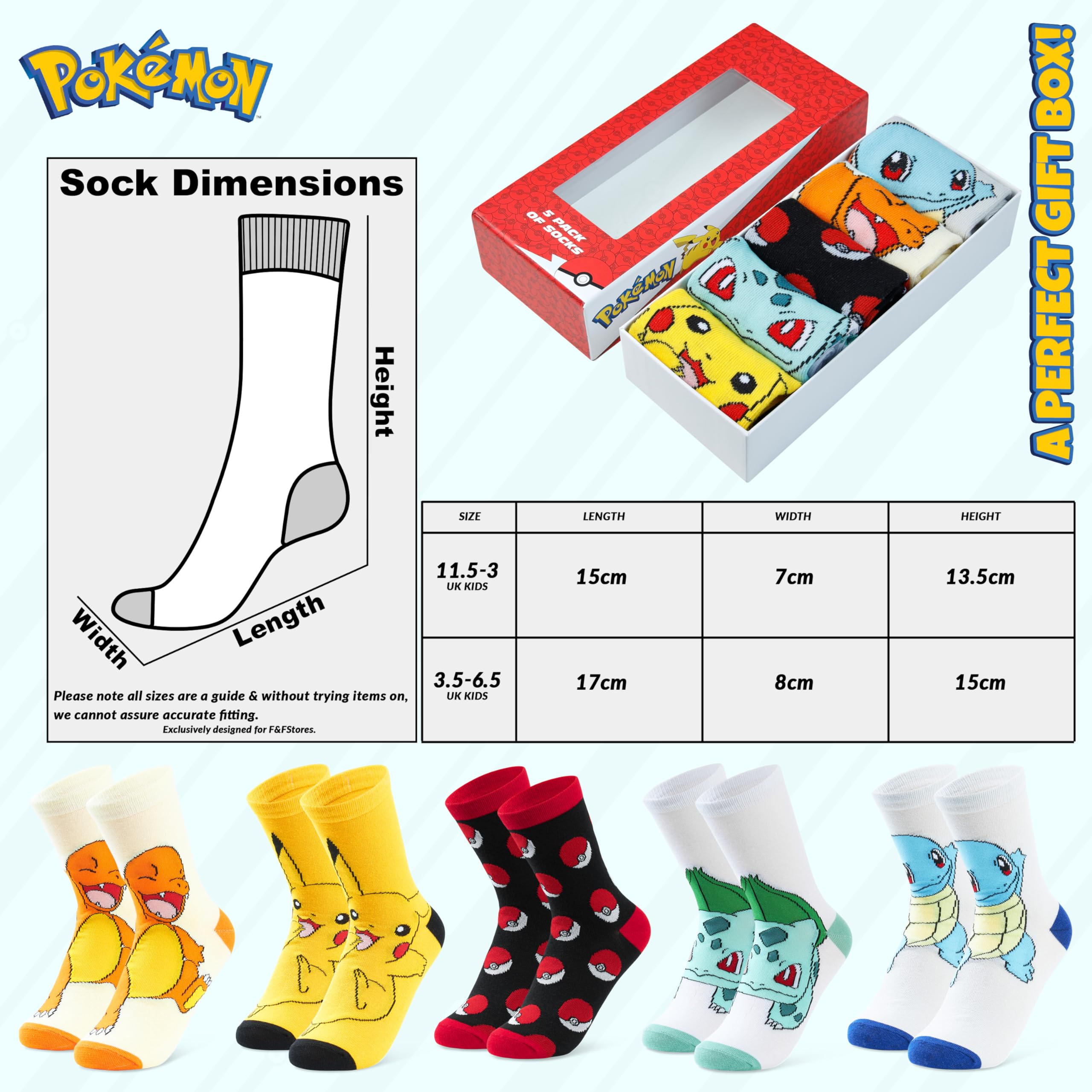Pokemon Jungen Socken 5 Pack Pikachu Knöchel Socken Kinder Dehnbar Atmungsaktiv Crew Socken für Jungen Mädchen und Jugendliche - Verschiedene Größen Erhältlich - Pokemon Geschenke
