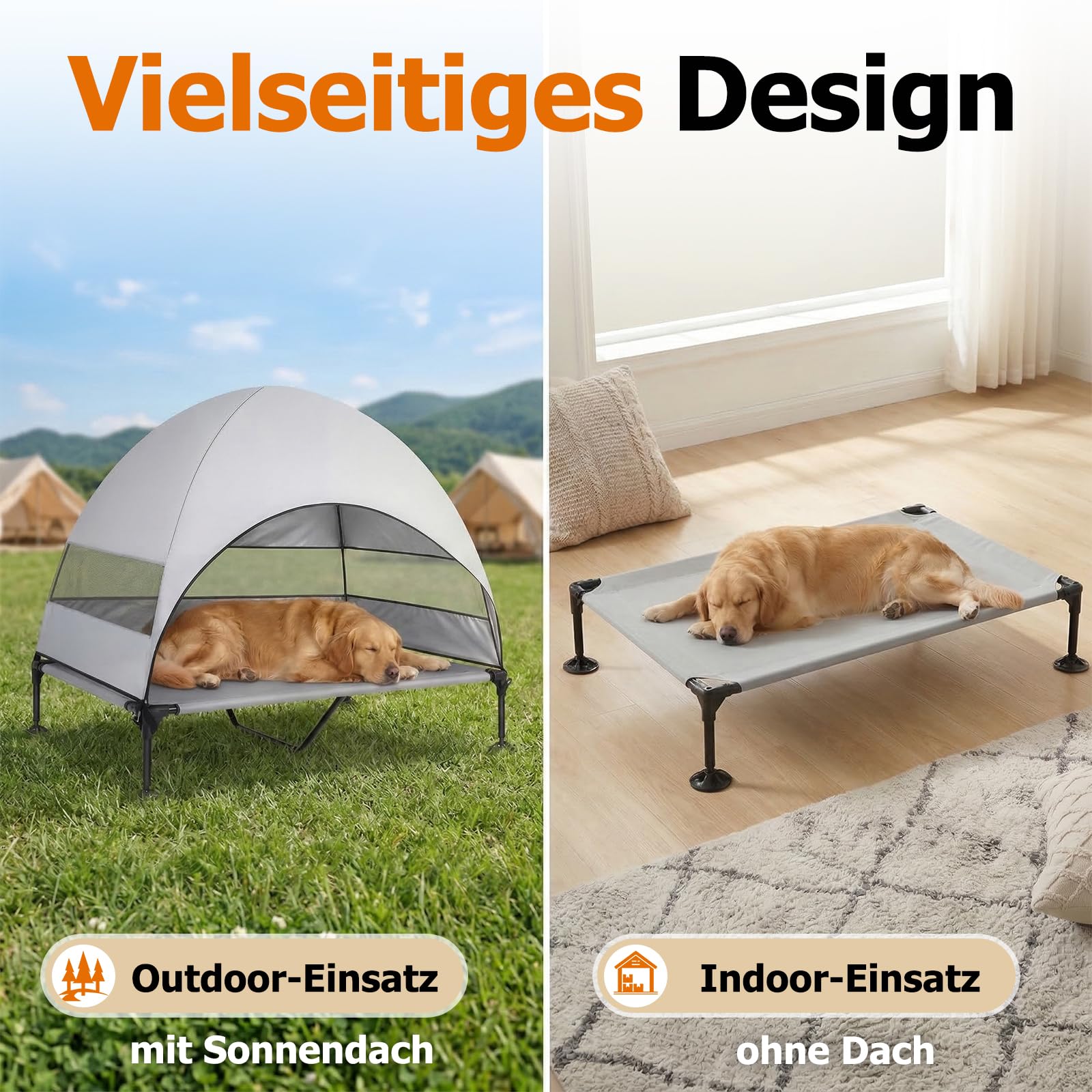 Erhöhtes Hundebett Outdoor mit UV-beständiges Dach，Hundeliege Klappbar mit Anti-Rutsch-Füßen, Hundezelt Outdoor mit Großem Schatten, Kühlendes ErhöHtes Hunde Bett für Camping, Garten & Pool (Grau, L)
