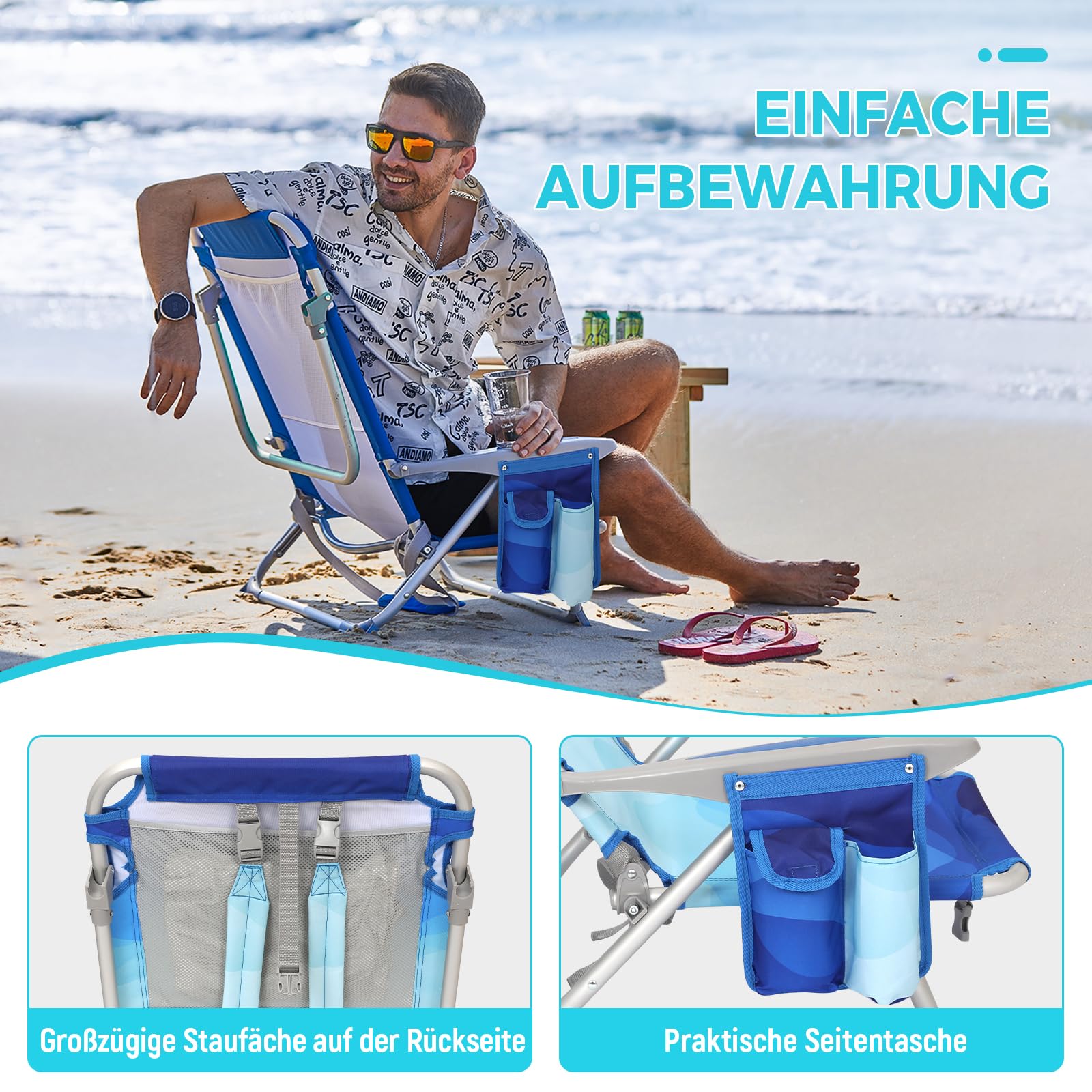 Strandstuhl klappbar Alu Hochlehner Klappstuhl 4 Position Leicht tragbar stabiler Campingstuhl