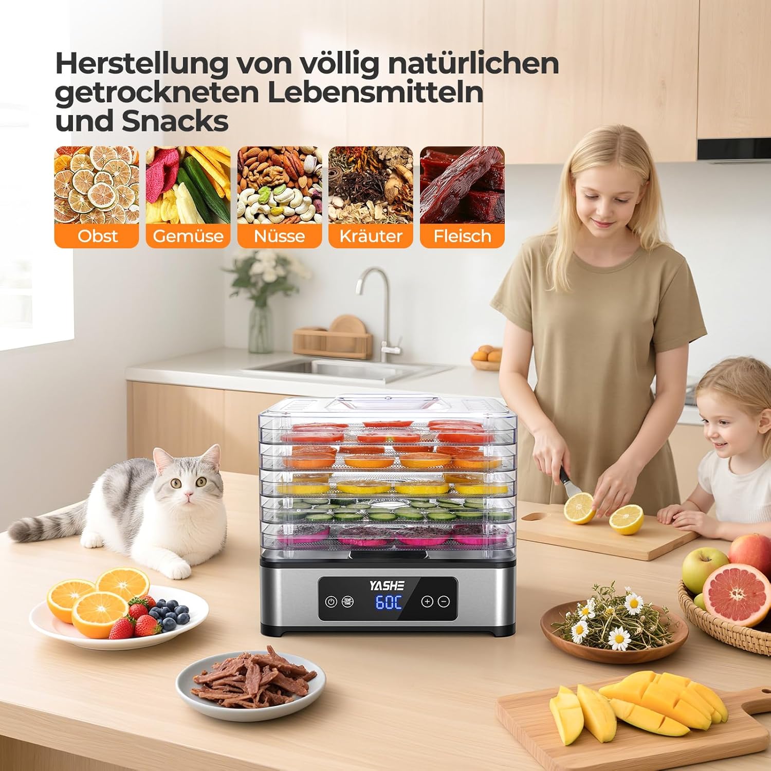Dörrautomat, 5 Edelstahl-Dörrgitter, Einstellbarer Timer & Temperatur, 360° Luftzirkulation, BPA-frei, 400W Dörrgerät für Jerky, Früchte, Kräuter, Hundesnacks