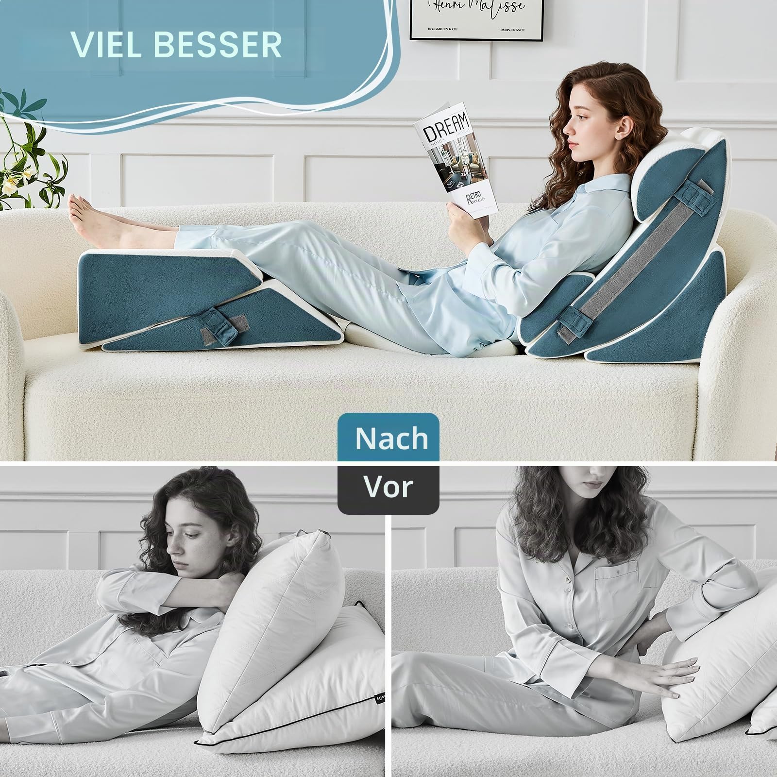 9PCS Orthopädische Bett Keil Kissen Set,Post Chirurgie Schaum Kissen für Körper, Rücken und Beine Schmerzlinderung,Justierbare Stützkissen mit Säure Reflux Bed Wedge Memory Foam Durchgehend dunkelgrau