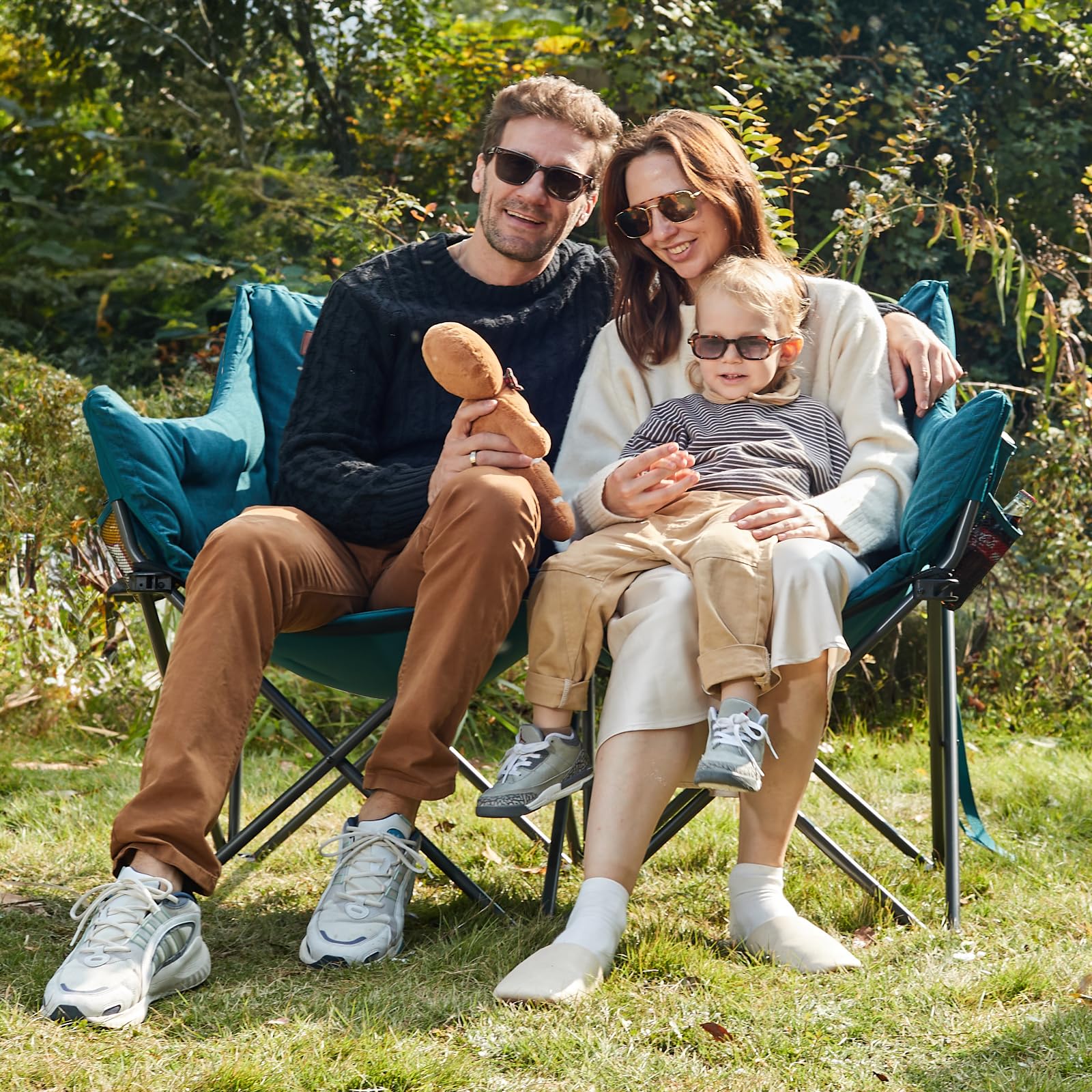 Campingstuhl Faltbar 124CM Breit Campingsofa für 2 Personen Faltsofa 320KG Belastbar, Campingcouch Dick Gepolstert Klappstuhl XXL 2 Sitzer Hohe Lehne für Outdoor Garten Balkon Indoor