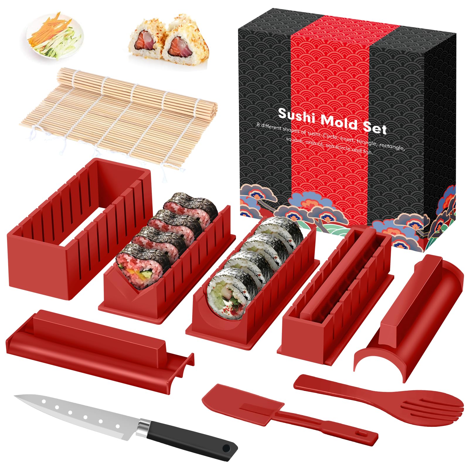 Sushi Set, 20-teiliges Kit für Anfänger, um sich selbst Sushi zu machen, Sushi-Platte mit Reisrollenformen, Gabel, Messer, Rollmatte, Sticks