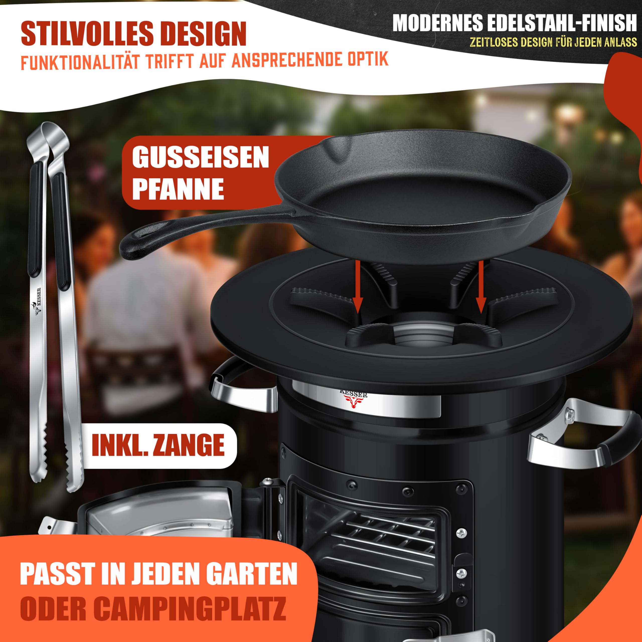 Raketenherd mit Gusseisen-Grillpfanne / Enthält Grillzange & Tragetasche /Camping Grill Edelstahl