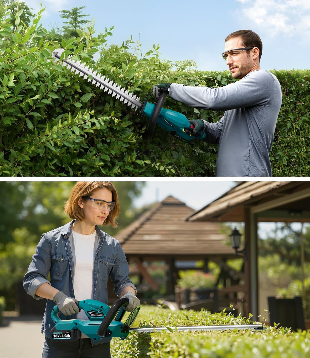 Akku Heckenschere Kompatibel mit Makita 18V Akku, 59 cm Schnittlänge, 18 mm Zahnabstand, Winkelverstellbarer Griff, Elektro Heckenschere