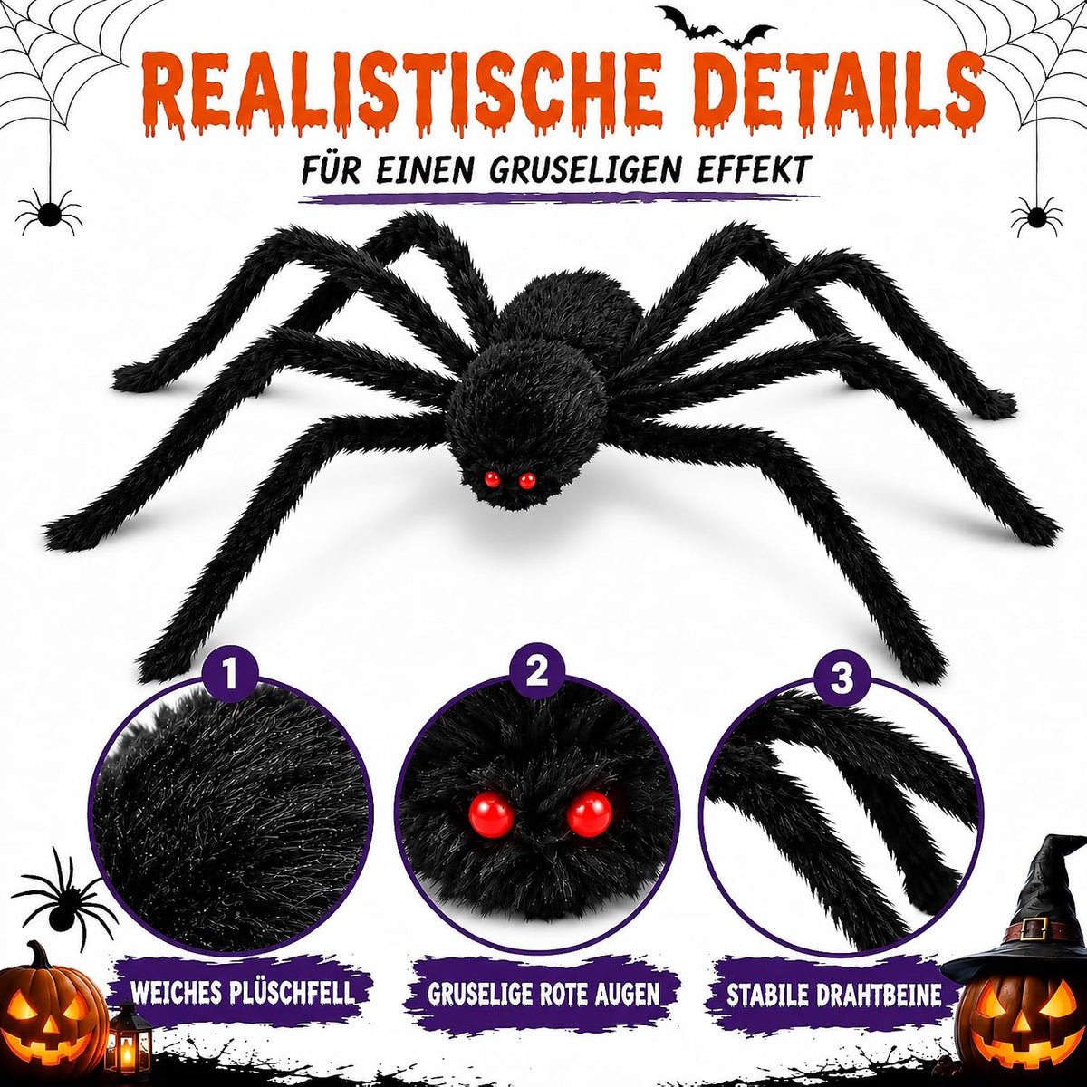 Große Halloween Spinne Deko 200cm 2er-Set