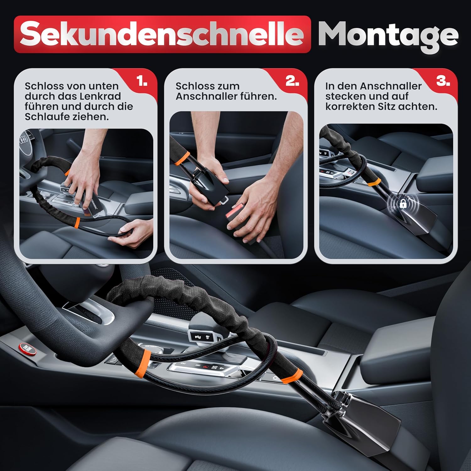 Lenkradkralle für Auto & Wohnmobil aus Metall - Universelle Passform - Lenkradschloss mit dickem Stahlseil - Wegfahrsperre Diebstahlsicherung mit 3 Sicherheitsschlüsseln