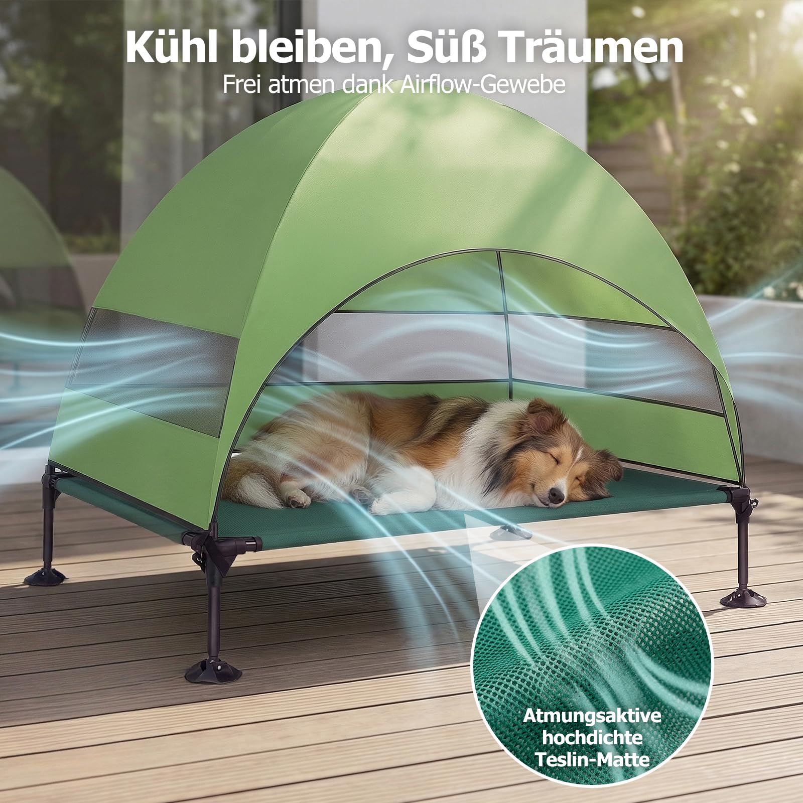 Erhöhtes Hundebett Outdoor mit UV-beständiges Dach，Hundeliege Klappbar mit Anti-Rutsch-Füßen, Hundezelt Outdoor mit Großem Schatten, Kühlendes ErhöHtes Hunde Bett für Camping, Garten & Pool (Grau, L)