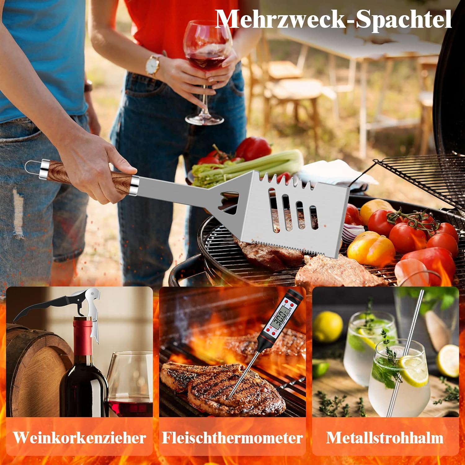 38 Stücke BBQ Grillbesteck Set Edelstahl Grillzubehör für Männer Geschenk Geburtstag Hochwertiger Grillutensilien Set Koffer mit Grillkoffer und Grillmatte für Garten und Camping Braun