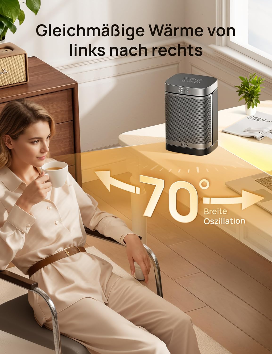 Heizlüfter Energiesparend Klein, 1500W Heizung Elektrisch mit Thermostat, 70° Oszillierend Elektroheizung, PTC Keramik Heizlüfter Leise, ECO-Modus, 12-Std-Timer, Überhitzungs- & Kippschutz
