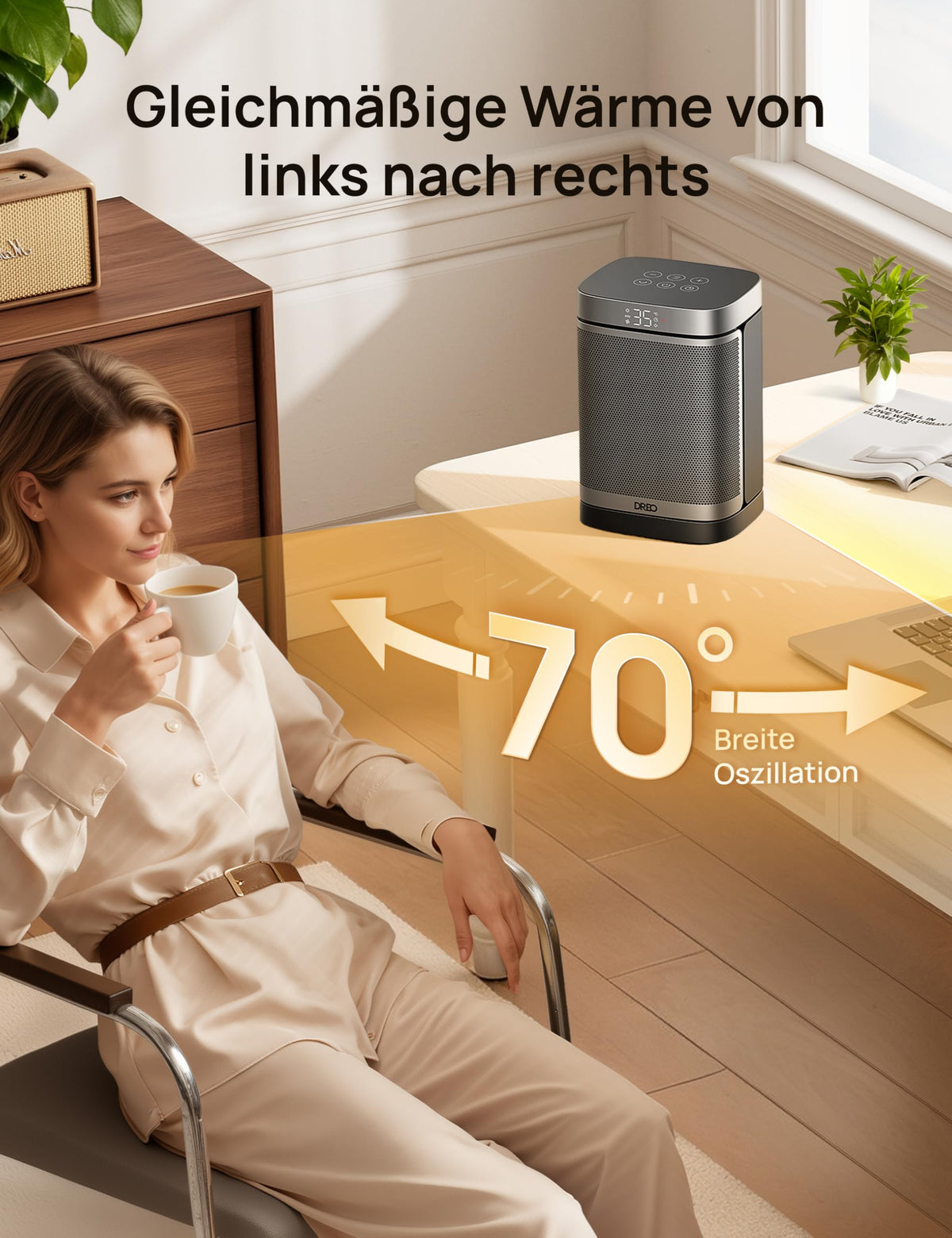 Heizlüfter Energiesparend Klein, 1500W Heizung Elektrisch mit Thermostat, 70° Oszillierend Elektroheizung, PTC Keramik Heizlüfter Leise, ECO-Modus, 12-Std-Timer, Überhitzungs- & Kippschutz