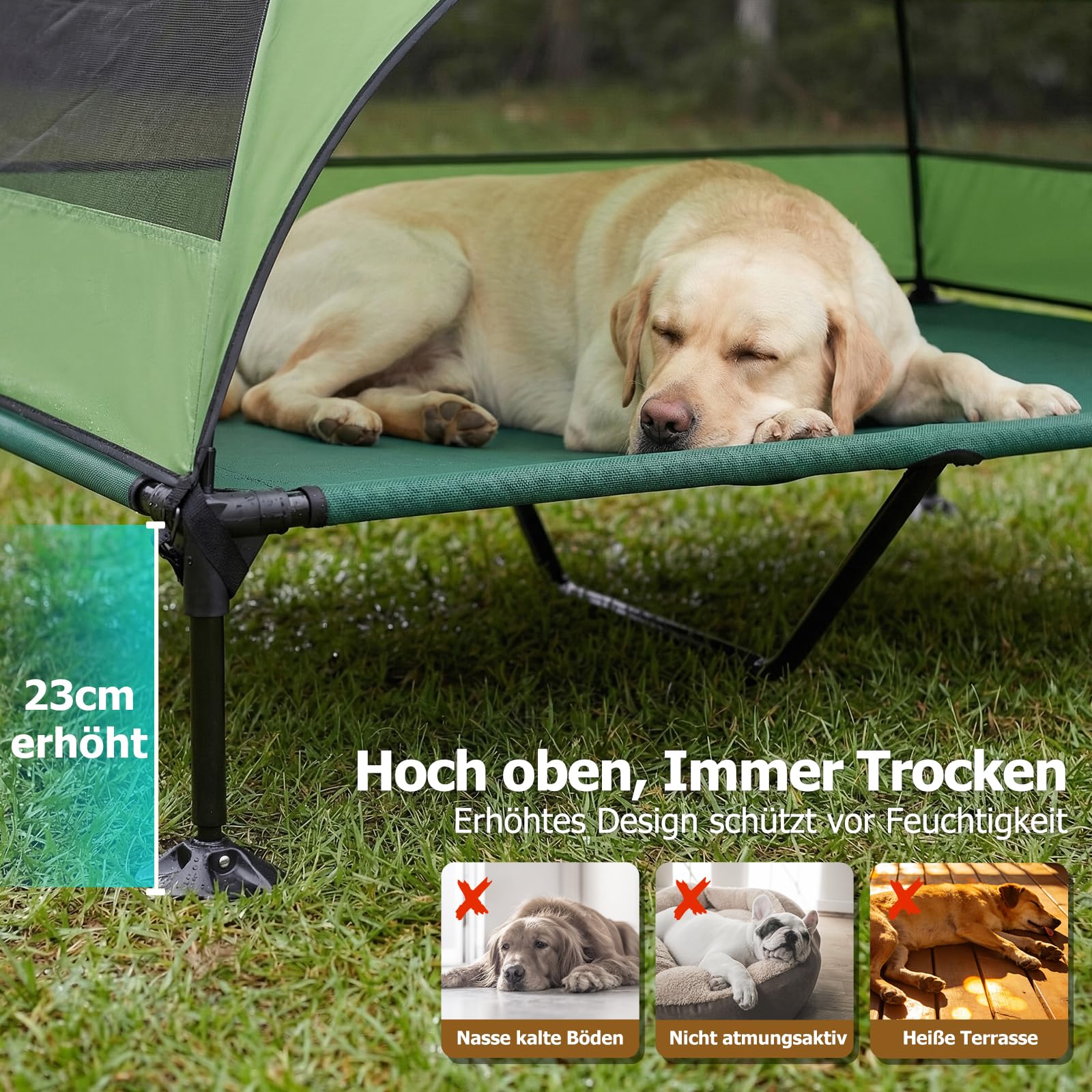 Erhöhtes Hundebett Outdoor mit UV-beständiges Dach，Hundeliege Klappbar mit Anti-Rutsch-Füßen, Hundezelt Outdoor mit Großem Schatten, Kühlendes ErhöHtes Hunde Bett für Camping, Garten & Pool (Grau, L)