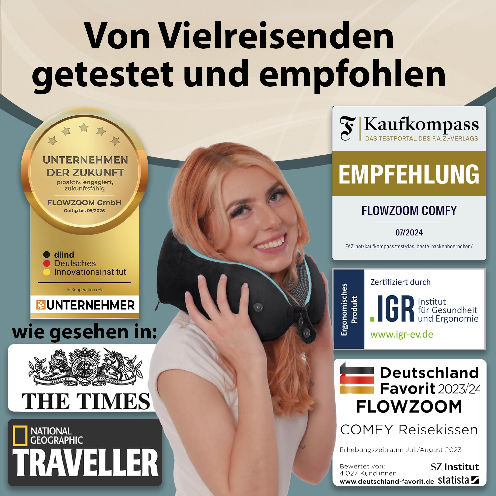 Bequemer Neck Cushion Flugzeug & Auto Reisekissen Memory Foam mit schlankem Rücken und waschbarer Abdeckung (Velvet Soft & Breathable) - Neck Cushion Adults Grey