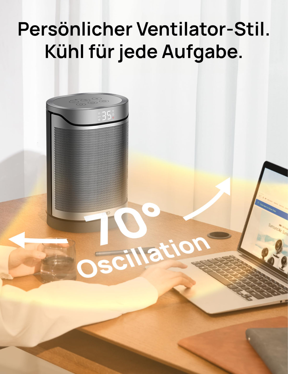 Heizlüfter Energiesparend Klein, 1500W Heizung Elektrisch mit Thermostat, 70° Oszillierend Elektroheizung, PTC Keramik Heizlüfter Leise, ECO-Modus, 12-Std-Timer, Überhitzungs- & Kippschutz