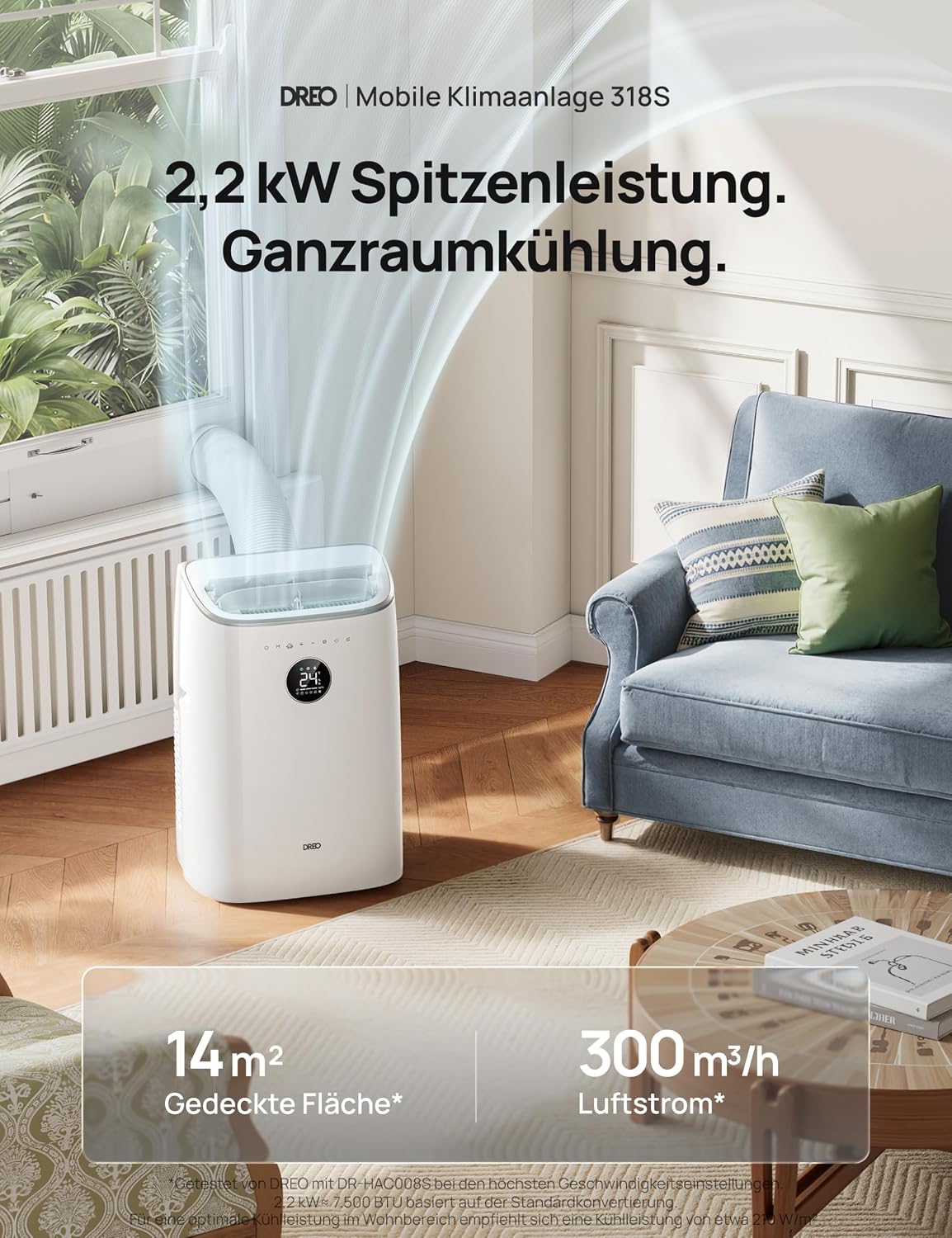 Klimaanlage Mobil, 7.500 BTU Mobiles Klimagerät für Schlafzimmer & Büro, 3-in-1 Kühlen/Ventilieren/Entfeuchten, App- / Sprachsteuerung - Fernbedienung, drainagefrei, Fenster-Set, 2,5 L/h