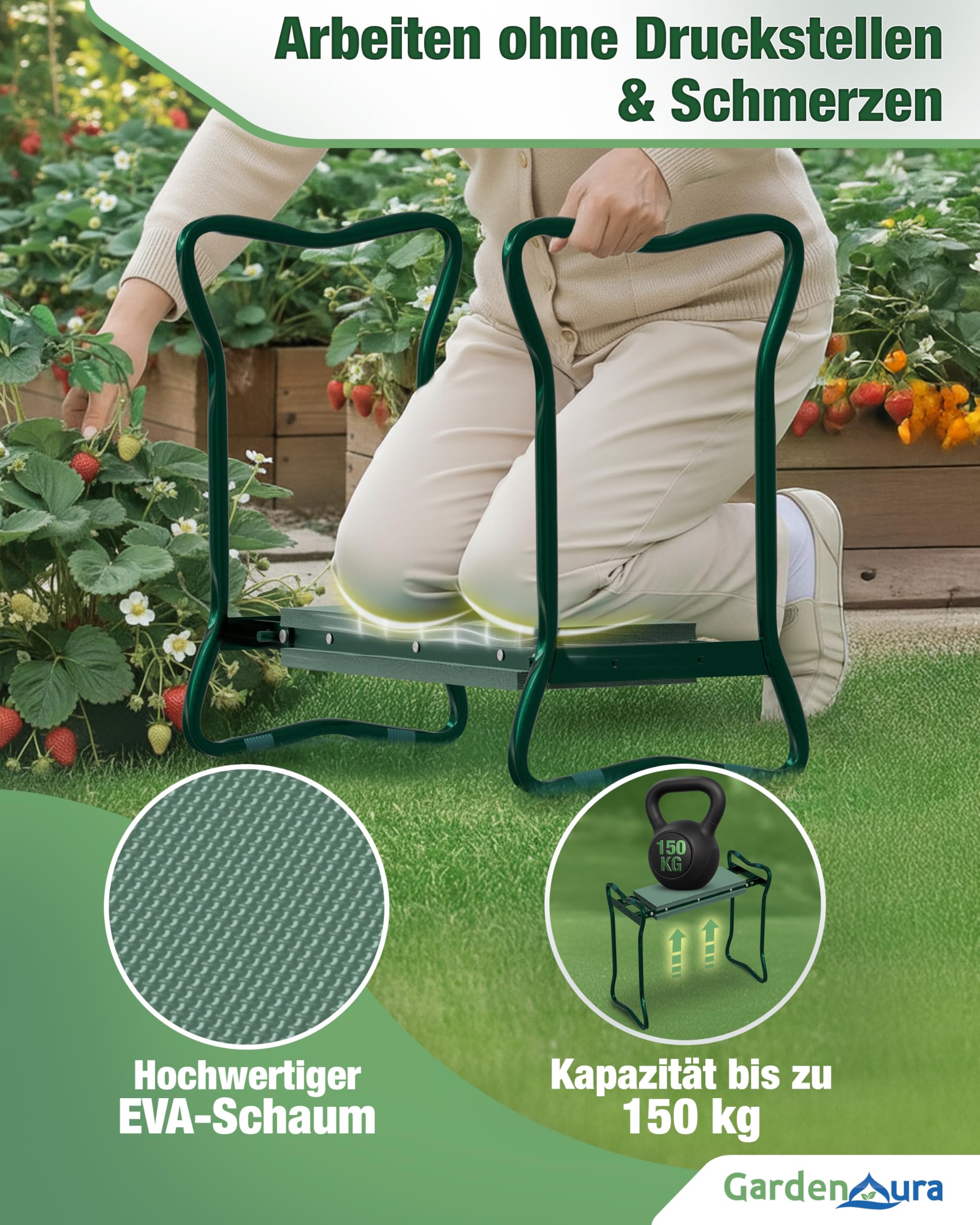 Kniebank für Gartenarbeit - Gartenhocker mit Werkzeugtasche - Garten Kniebank Rücken- und Gelenkschonend bis 150kg belastbar - Gartenhocker klappbar für idealen Knie Komfort