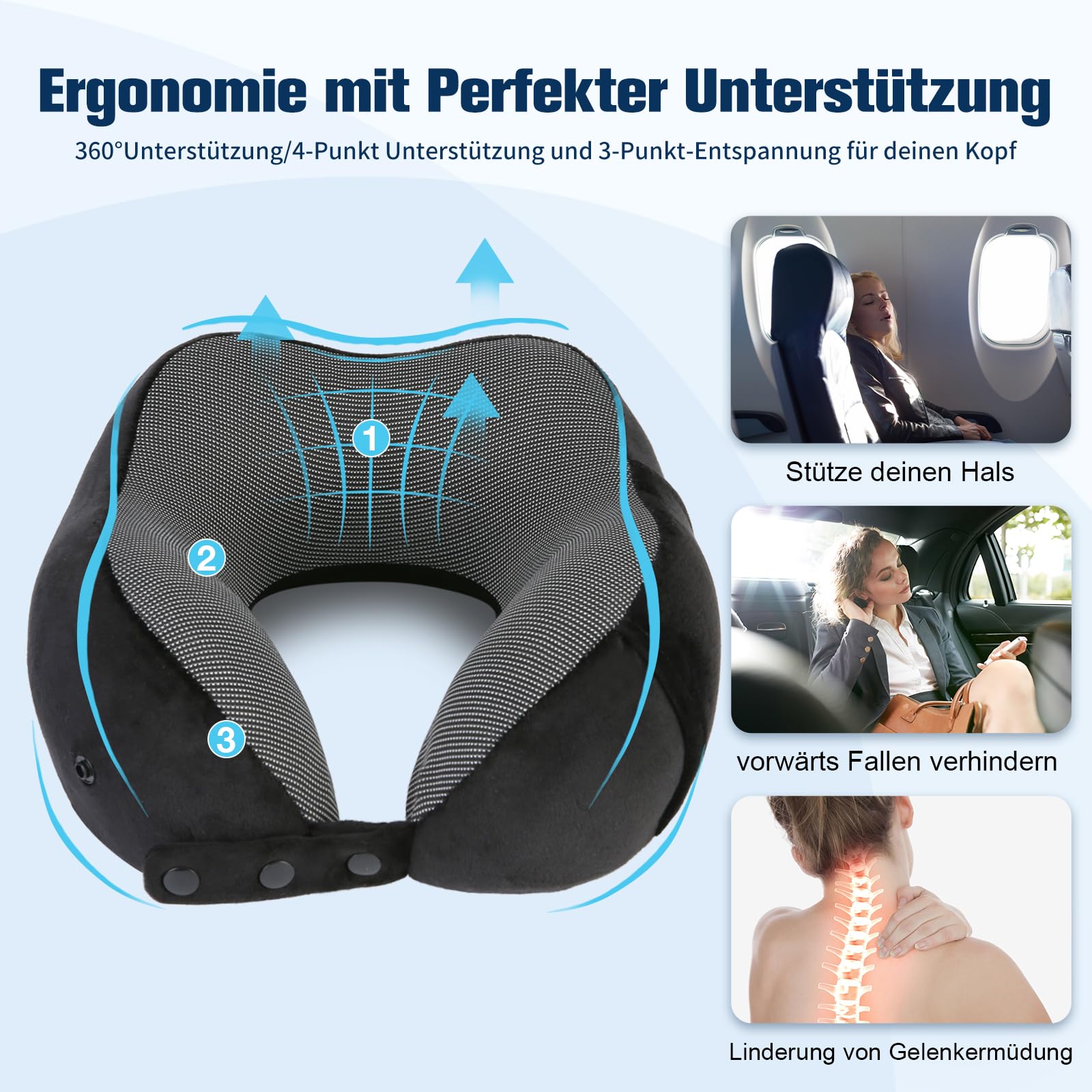 Cirorld Nackenkissen Flugzeug, Nackenhörnchen Erwachsene, Reisekissen Memory Foam, Verstellbares Kompaktes Nackenkissen Reise, Ergonomisches Weich Atmungsaktiv mit Ohrstöpseln, Augenmaske,Tragetasche
