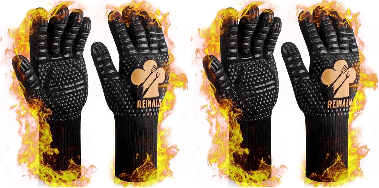Gants de cuisine Reinalin, résistants à la chaleur jusqu'à 800 °C, gants de four, maniques, gants ignifugés, gants de barbecue, gants de cuisine, gants de pâtisserie (L/XL/XXL, noir) 