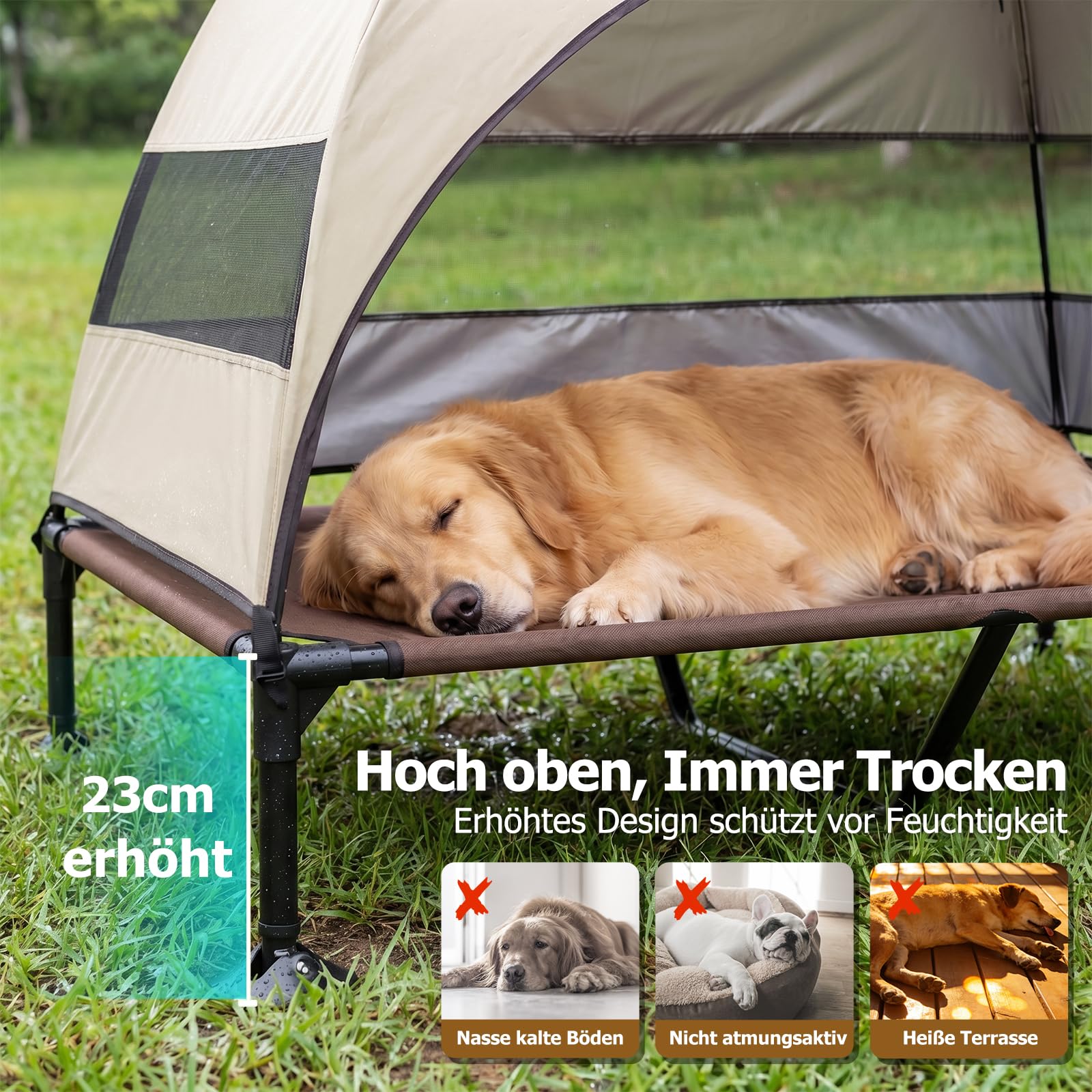 Erhöhtes Hundebett Outdoor mit UV-beständiges Dach，Hundeliege Klappbar mit Anti-Rutsch-Füßen, Hundezelt Outdoor mit Großem Schatten, Kühlendes ErhöHtes Hunde Bett für Camping, Garten & Pool (Grau, L)