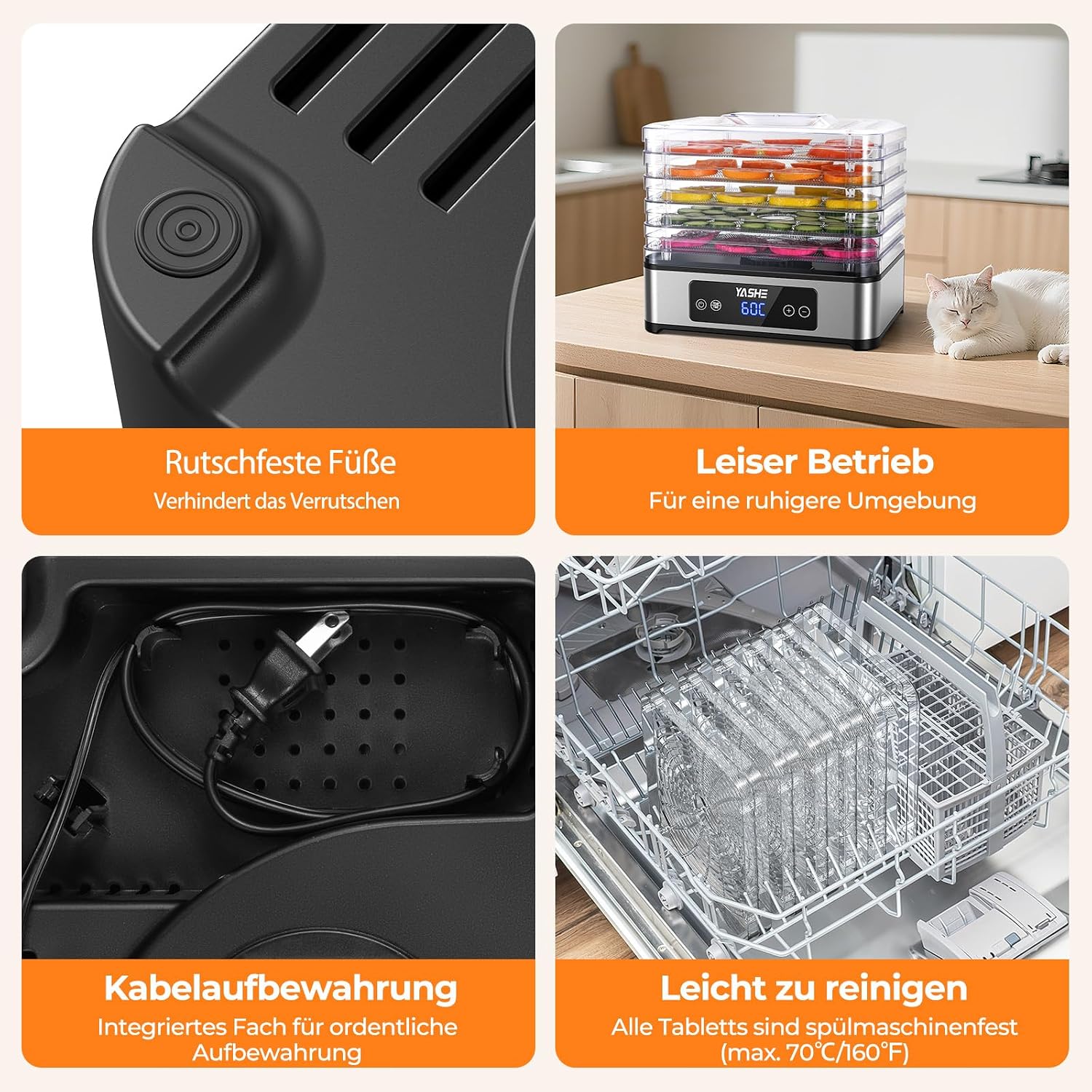 Dörrautomat, 5 Edelstahl-Dörrgitter, Einstellbarer Timer & Temperatur, 360° Luftzirkulation, BPA-frei, 400W Dörrgerät für Jerky, Früchte, Kräuter, Hundesnacks