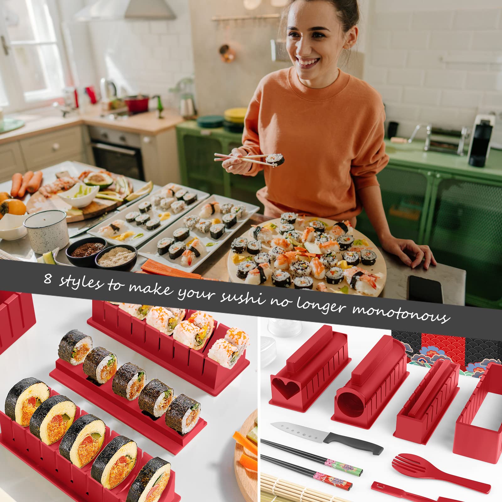 Sushi Set, 20-teiliges Kit für Anfänger, um sich selbst Sushi zu machen, Sushi-Platte mit Reisrollenformen, Gabel, Messer, Rollmatte, Sticks