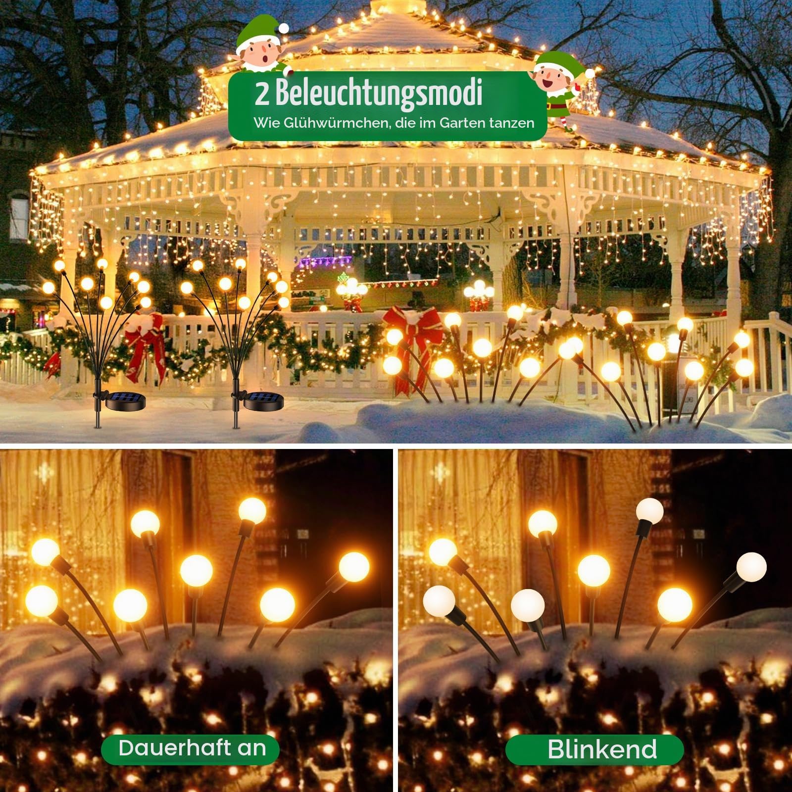 Solarlampen für Außen Garten 4 Stück, 32LED Superhelle 2 Lichtmodi Glühwürmchen Solarleuchten für Außen mit Warmweißem Licht IP65 Wasserdicht Schwingende Garten-Deko für Pathway Yard