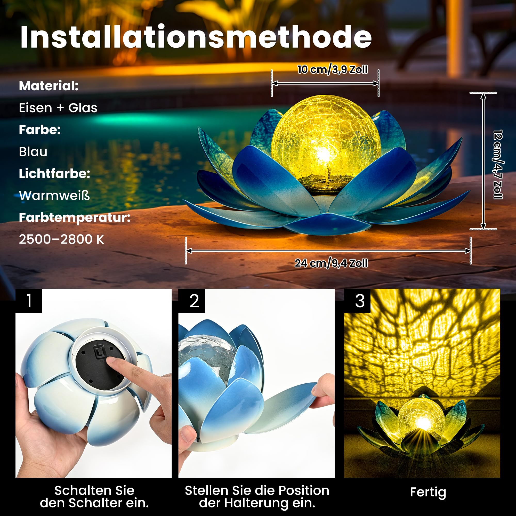 Solarlampen für Außen, Lotus Garten Deko Licht, LED Solarleuchten für Aussen, Wasserdicht Gartenleuchten Solar, Metal, für Terrasse, Garten, Gras, Balkon